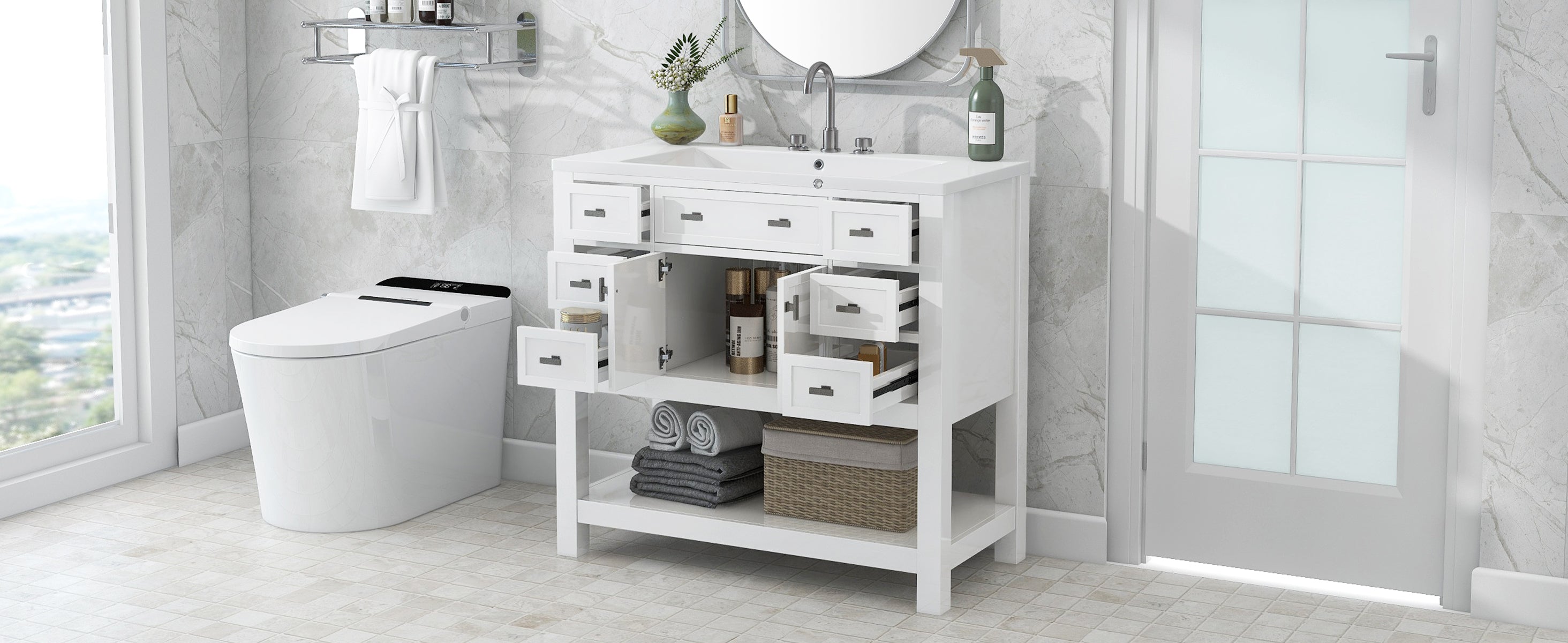 36'' Freestanding Bathroom Vanity Set with Integrated Resin Sink and Drawers