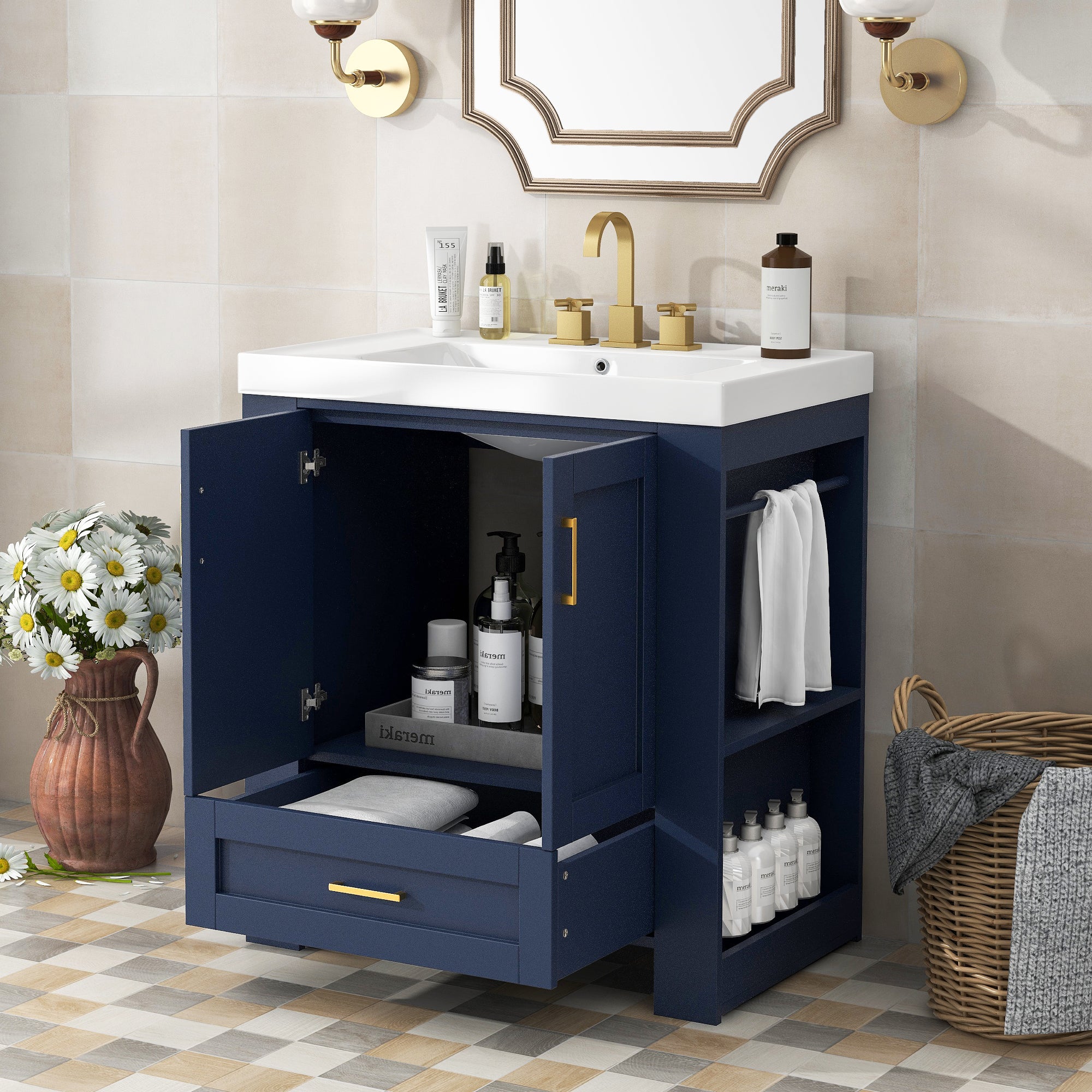 30 Inch MDF Freestanding Bathroom Vanity Set in Blue with Integrated Resin Sink