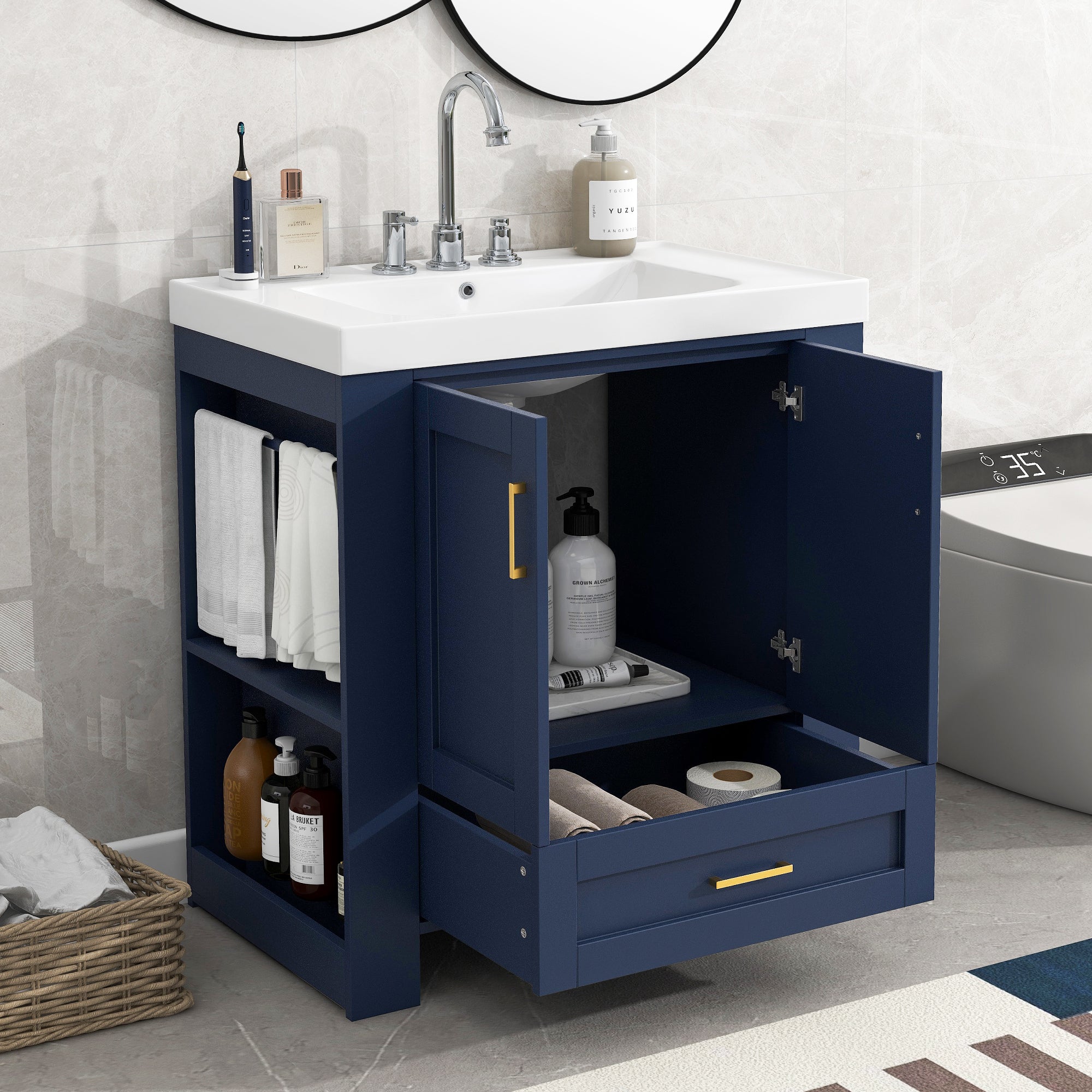 30 Inch MDF Freestanding Bathroom Vanity Set in Blue with Integrated Resin Sink