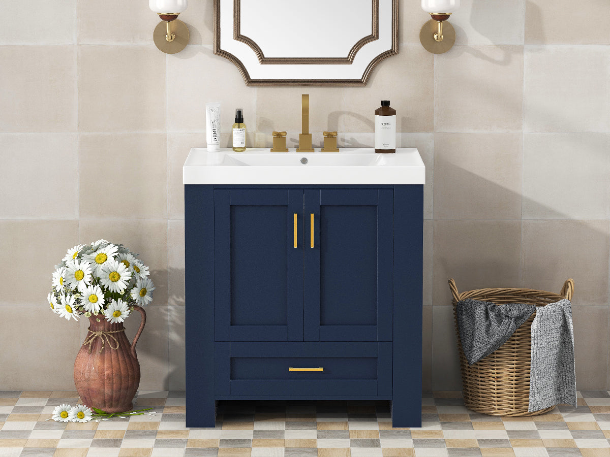 30 Inch MDF Freestanding Bathroom Vanity Set in Blue with Integrated Resin Sink