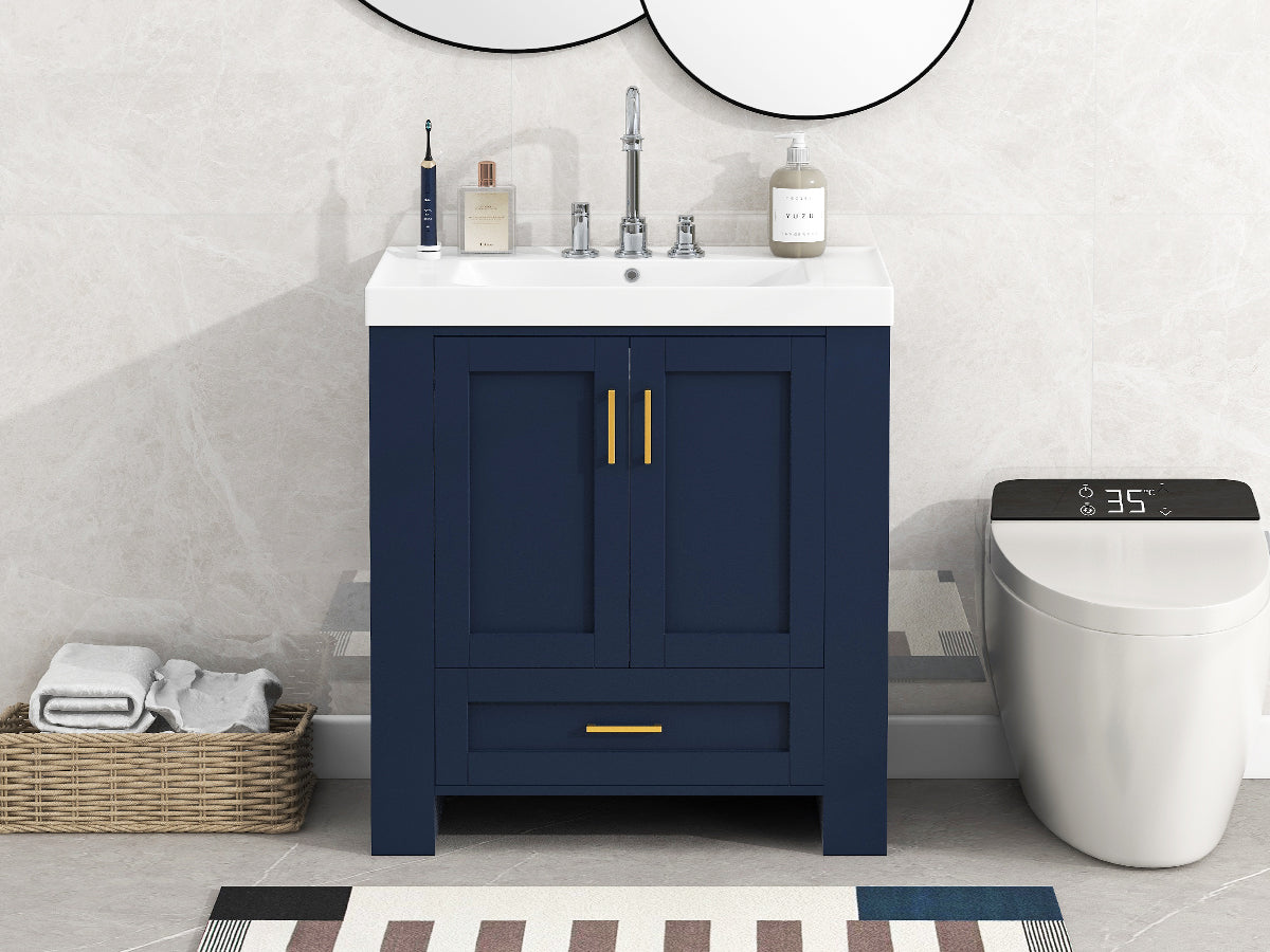 30 Inch MDF Freestanding Bathroom Vanity Set in Blue with Integrated Resin Sink
