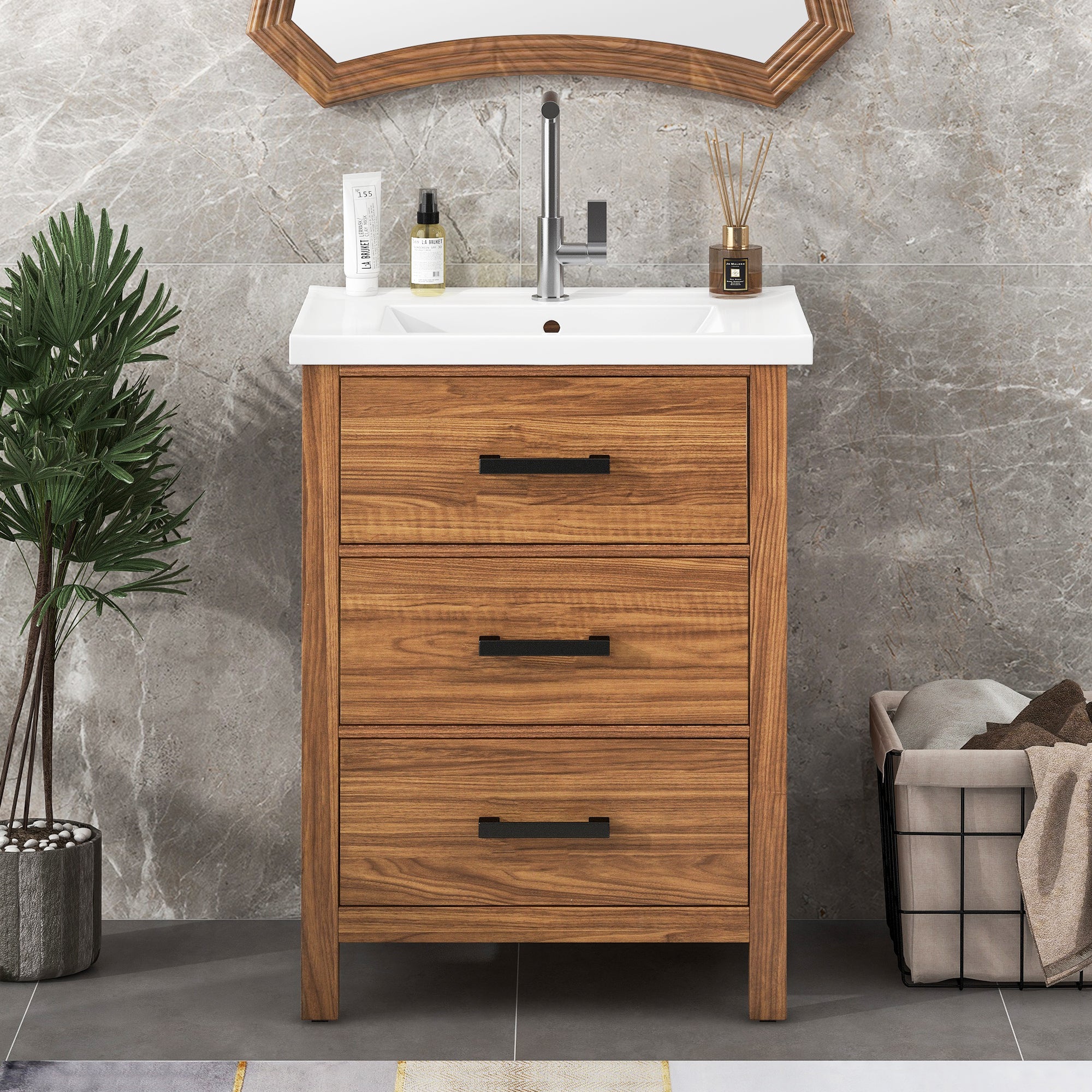 24 Inch MDF Freestanding Bathroom Vanity Set with Integrated Ceramic Sink
