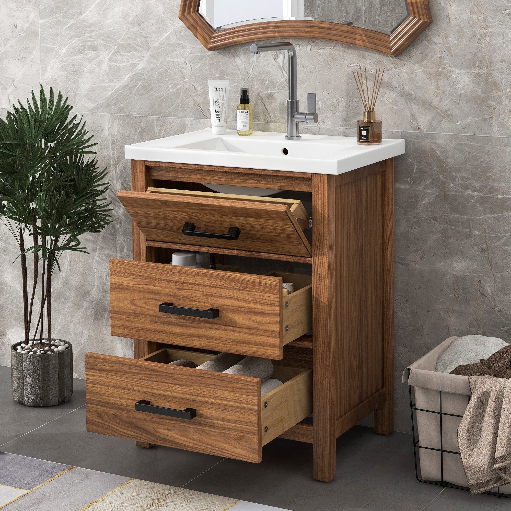 24 Inch MDF Freestanding Bathroom Vanity Set with Integrated Ceramic Sink