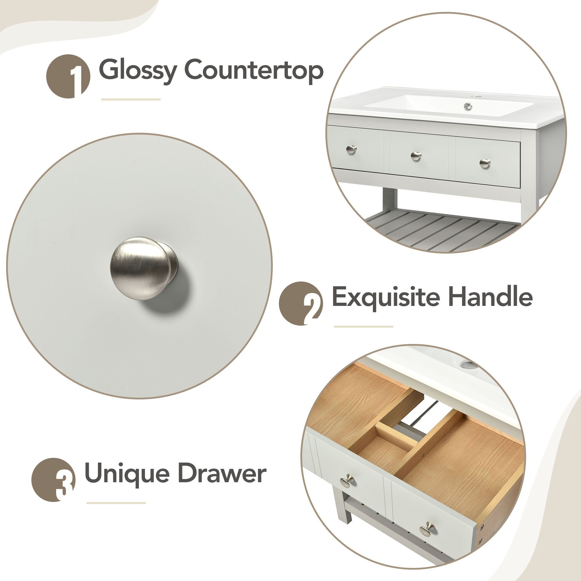30 Inch MDF Freestanding Bathroom Vanity Set with Integrated Ceramic Sink and Open Shelves