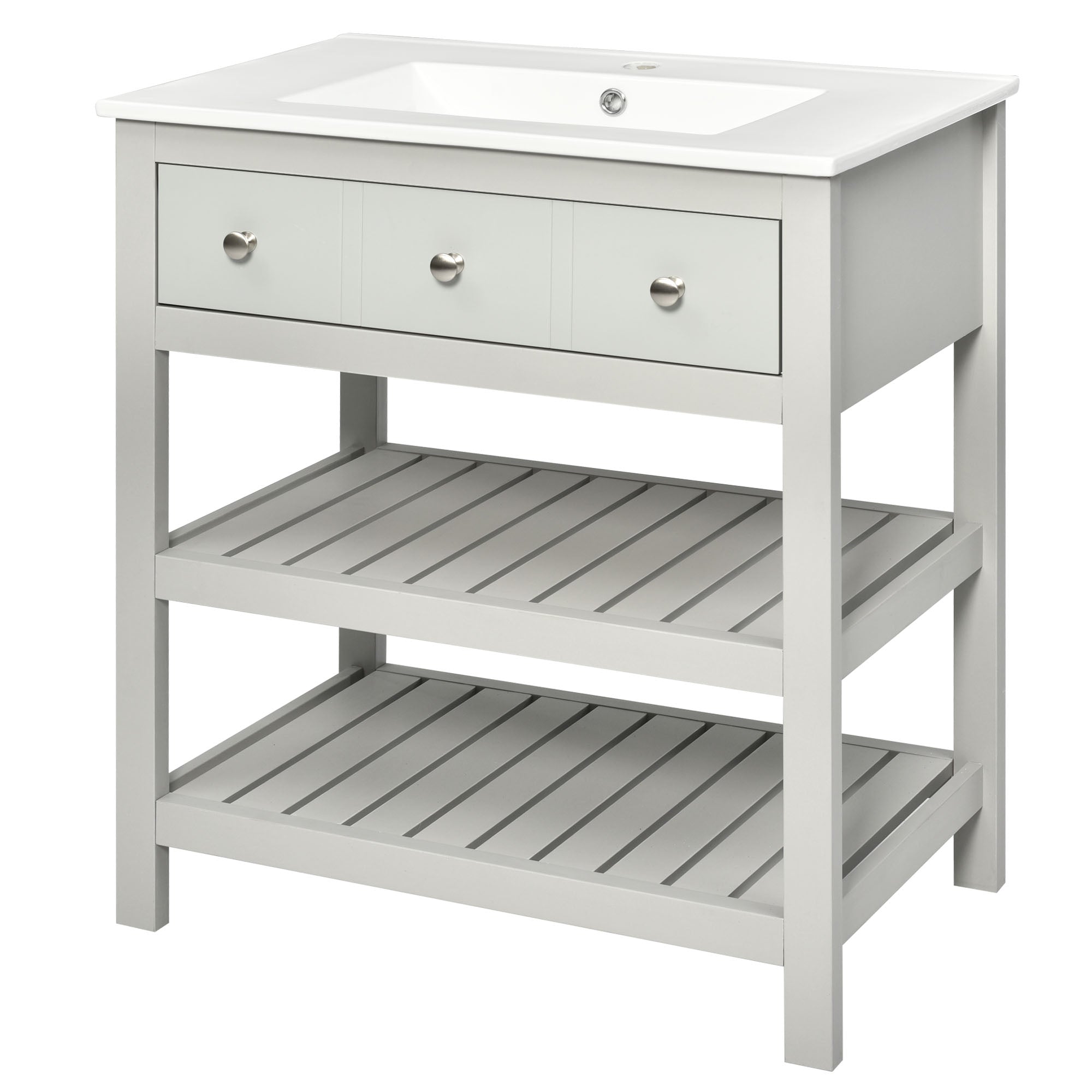 30 Inch MDF Freestanding Bathroom Vanity Set with Integrated Ceramic Sink and Open Shelves