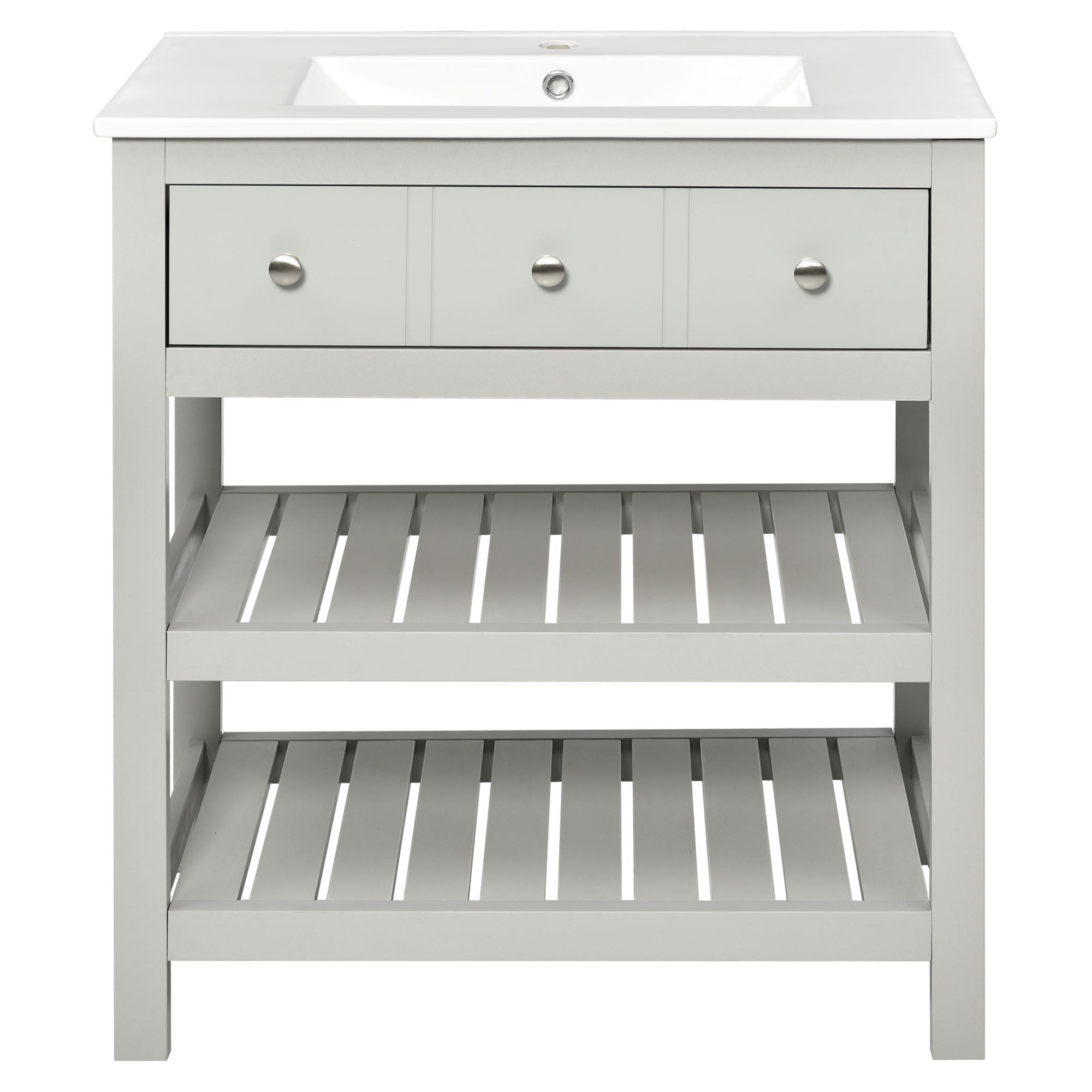 30 Inch MDF Freestanding Bathroom Vanity Set with Integrated Ceramic Sink and Open Shelves