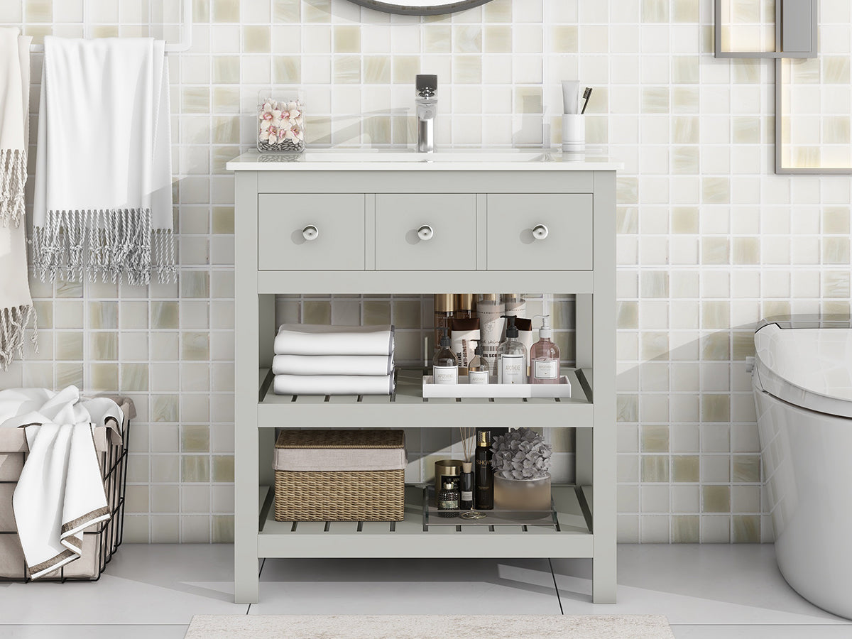 30 Inch MDF Freestanding Bathroom Vanity Set with Integrated Ceramic Sink and Open Shelves