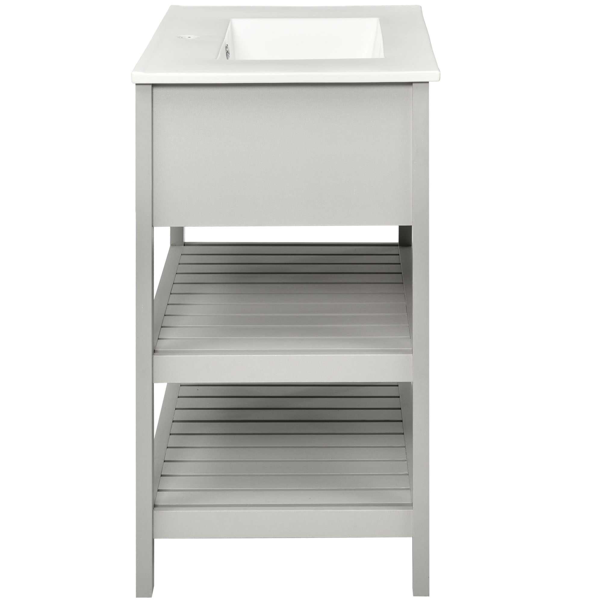 30 Inch MDF Freestanding Bathroom Vanity Set with Integrated Ceramic Sink and Open Shelves