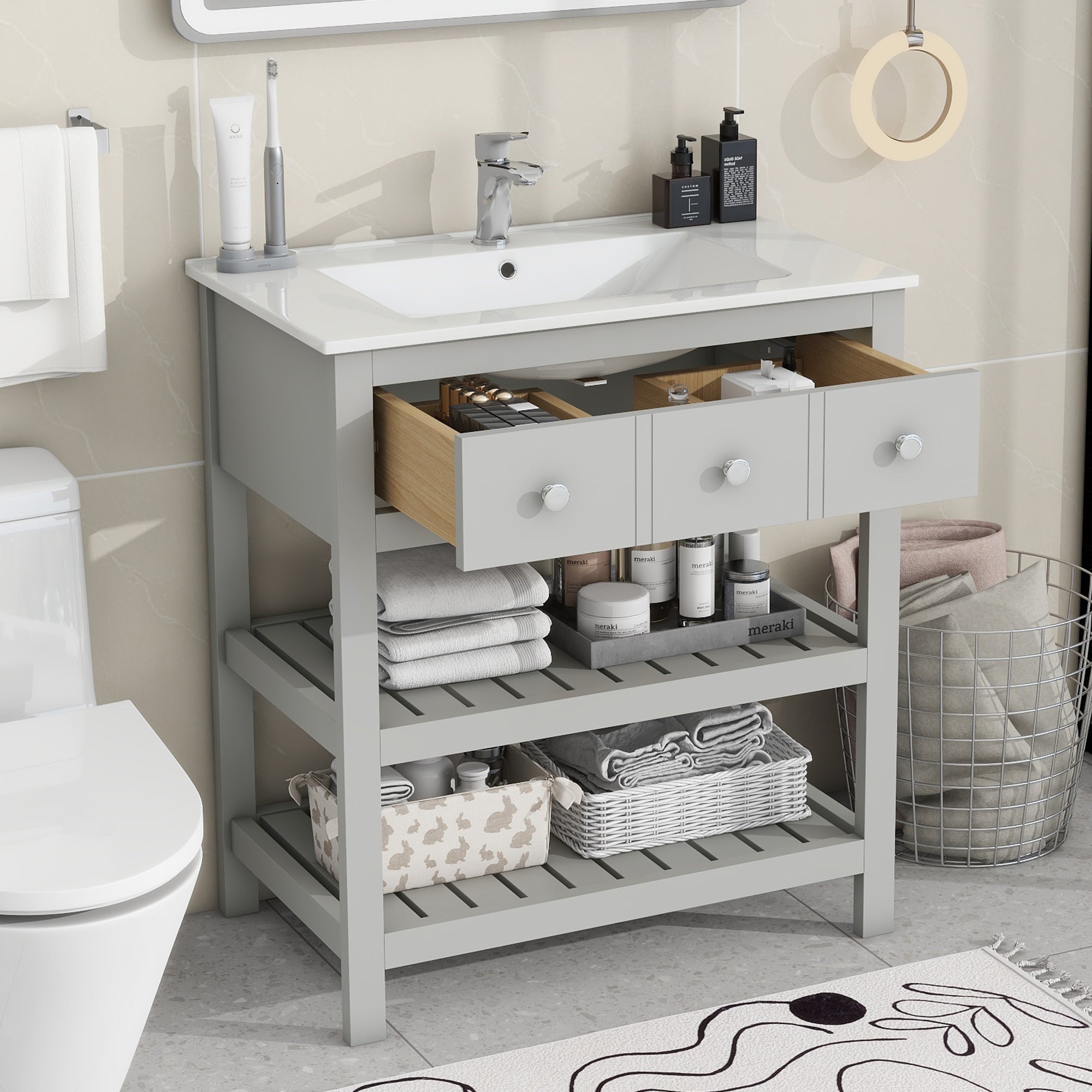 30 Inch MDF Freestanding Bathroom Vanity Set with Integrated Ceramic Sink and Open Shelves