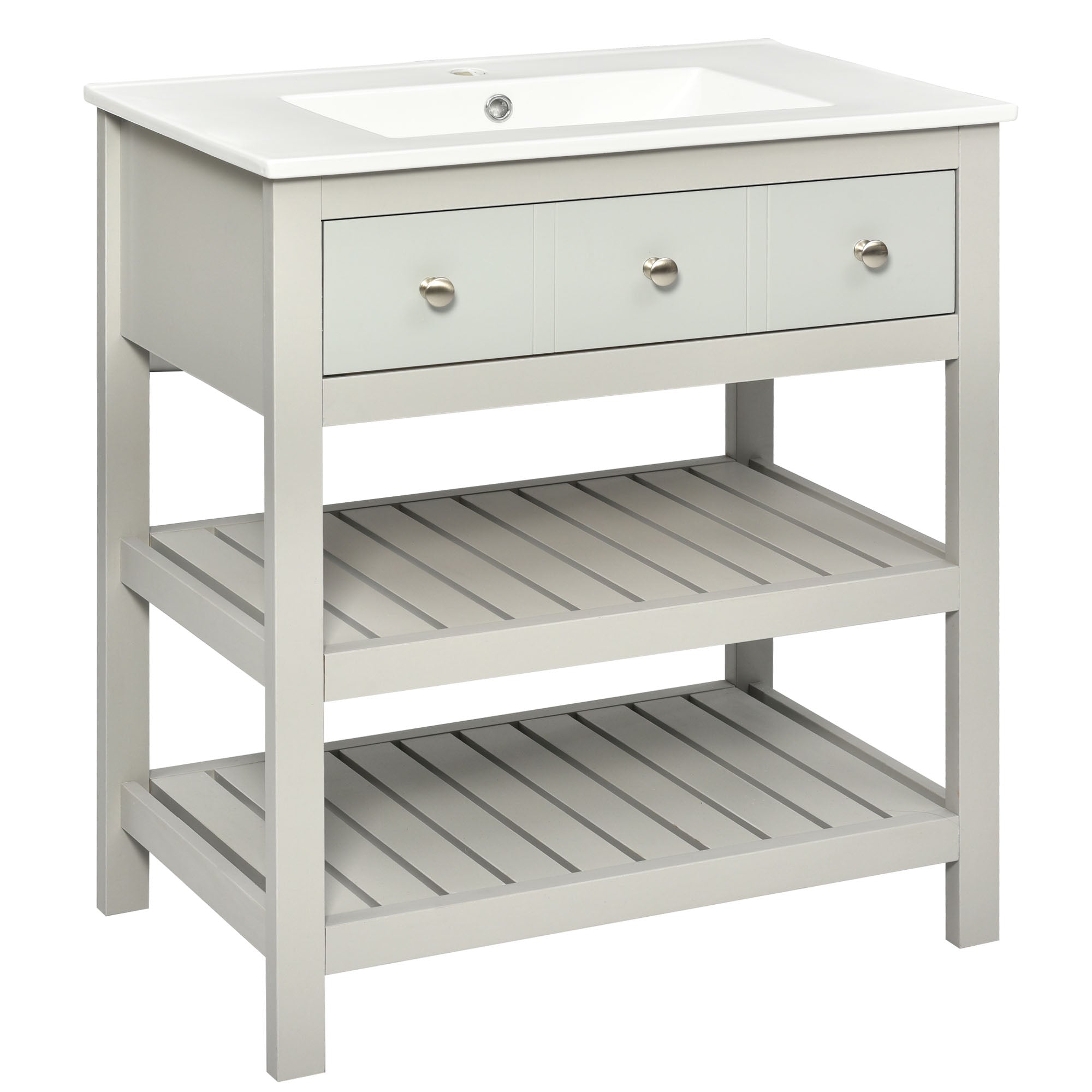 30 Inch MDF Freestanding Bathroom Vanity Set with Integrated Ceramic Sink and Open Shelves