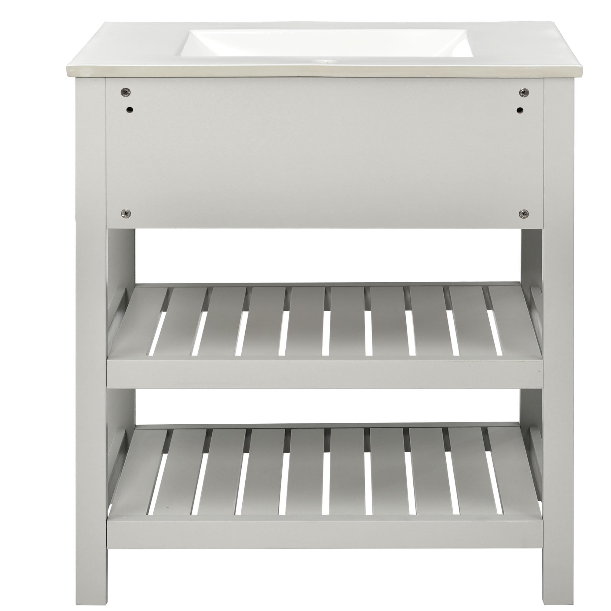 30 Inch MDF Freestanding Bathroom Vanity Set with Integrated Ceramic Sink and Open Shelves