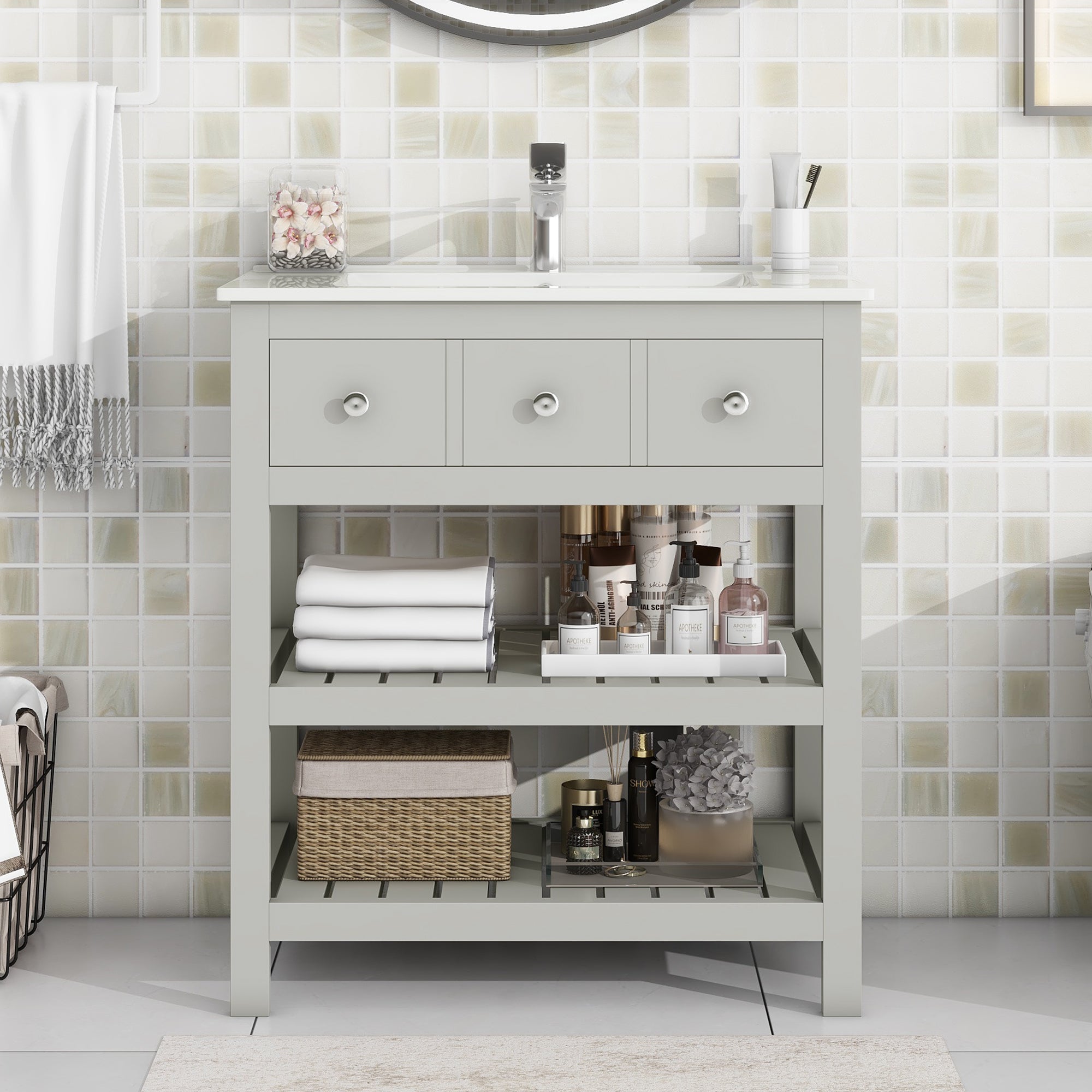 30 Inch MDF Freestanding Bathroom Vanity Set with Integrated Ceramic Sink and Open Shelves