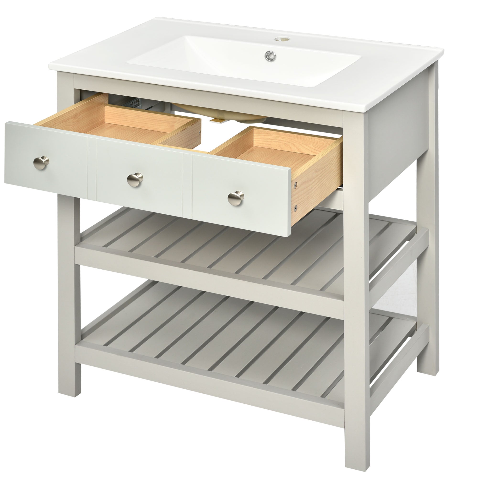 30 Inch MDF Freestanding Bathroom Vanity Set with Integrated Ceramic Sink and Open Shelves