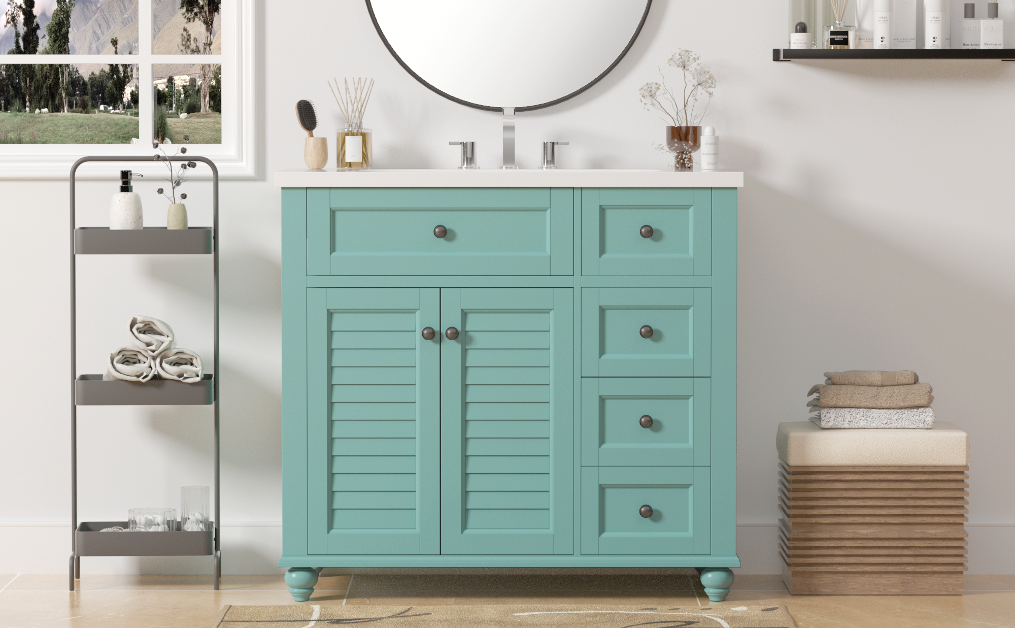 36 inches Freestanding Bathroom Vanity Set in Blue-Green with Integrated Resin Sink