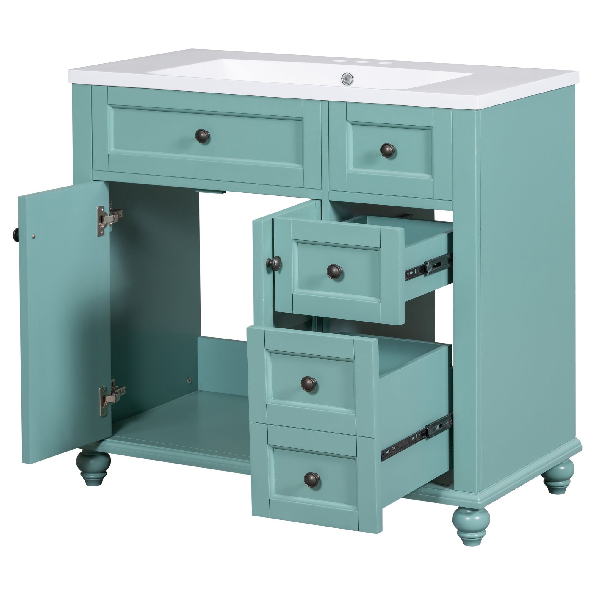 36 inches Freestanding Bathroom Vanity Set in Blue-Green with Integrated Resin Sink
