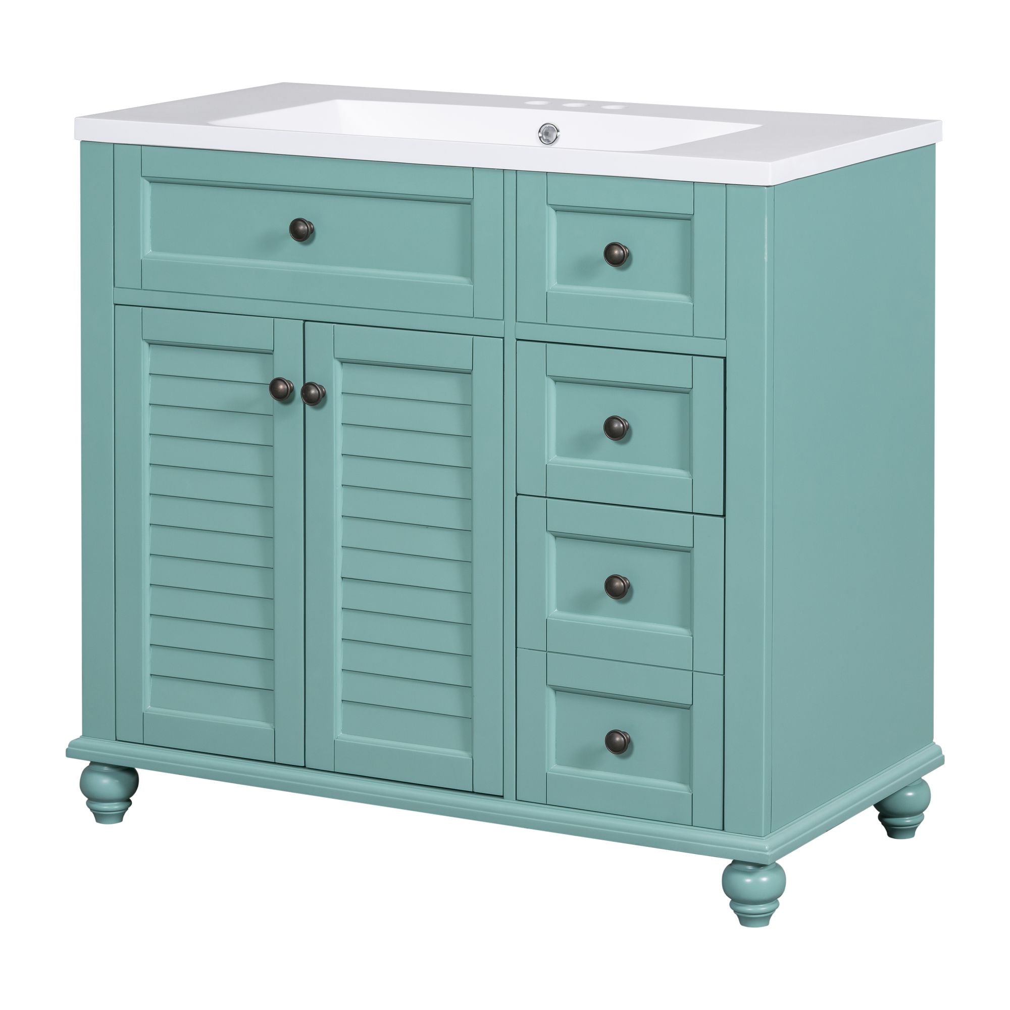 36 inches Freestanding Bathroom Vanity Set in Blue-Green with Integrated Resin Sink