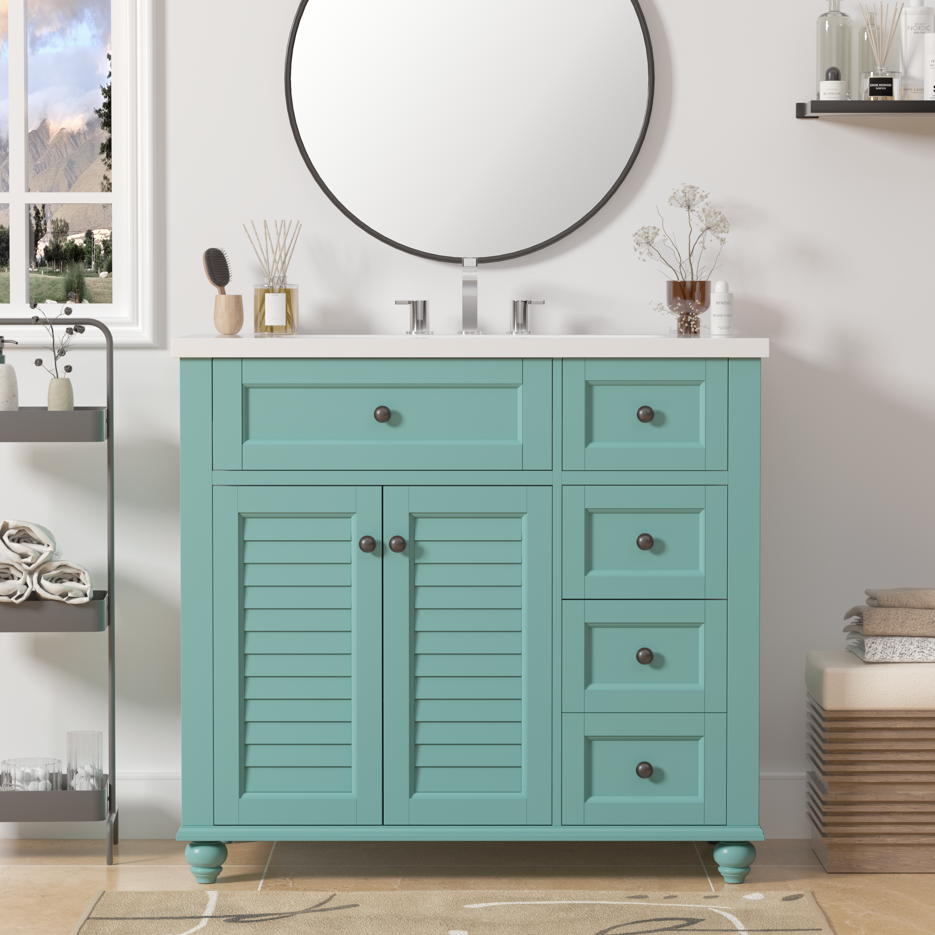 36 inches Freestanding Bathroom Vanity Set in Blue-Green with Integrated Resin Sink
