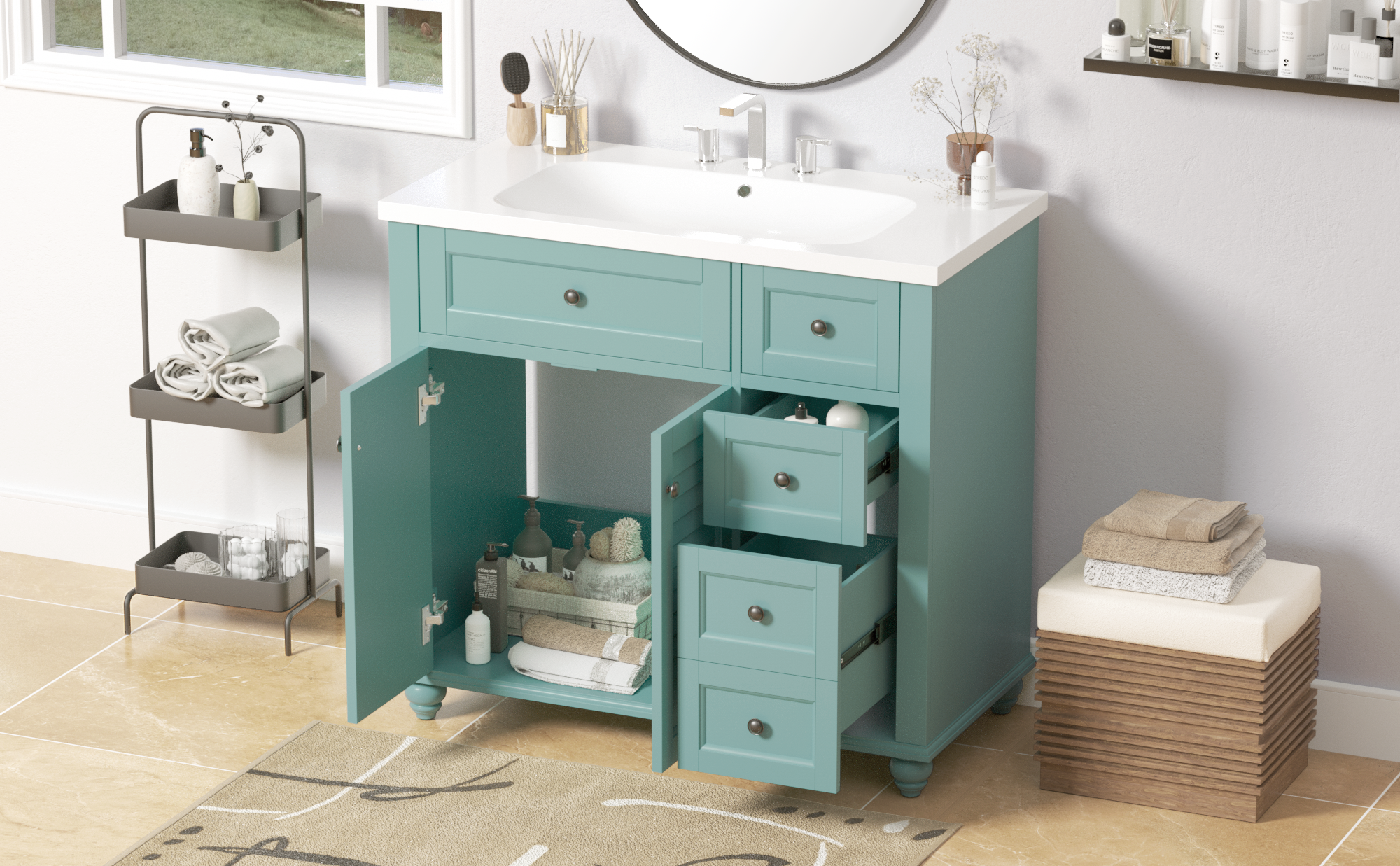 36 inches Freestanding Bathroom Vanity Set in Blue-Green with Integrated Resin Sink
