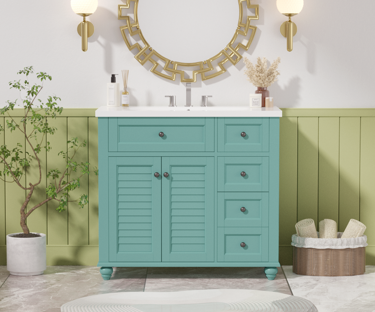 36 inches Freestanding Bathroom Vanity Set in Blue-Green with Integrated Resin Sink