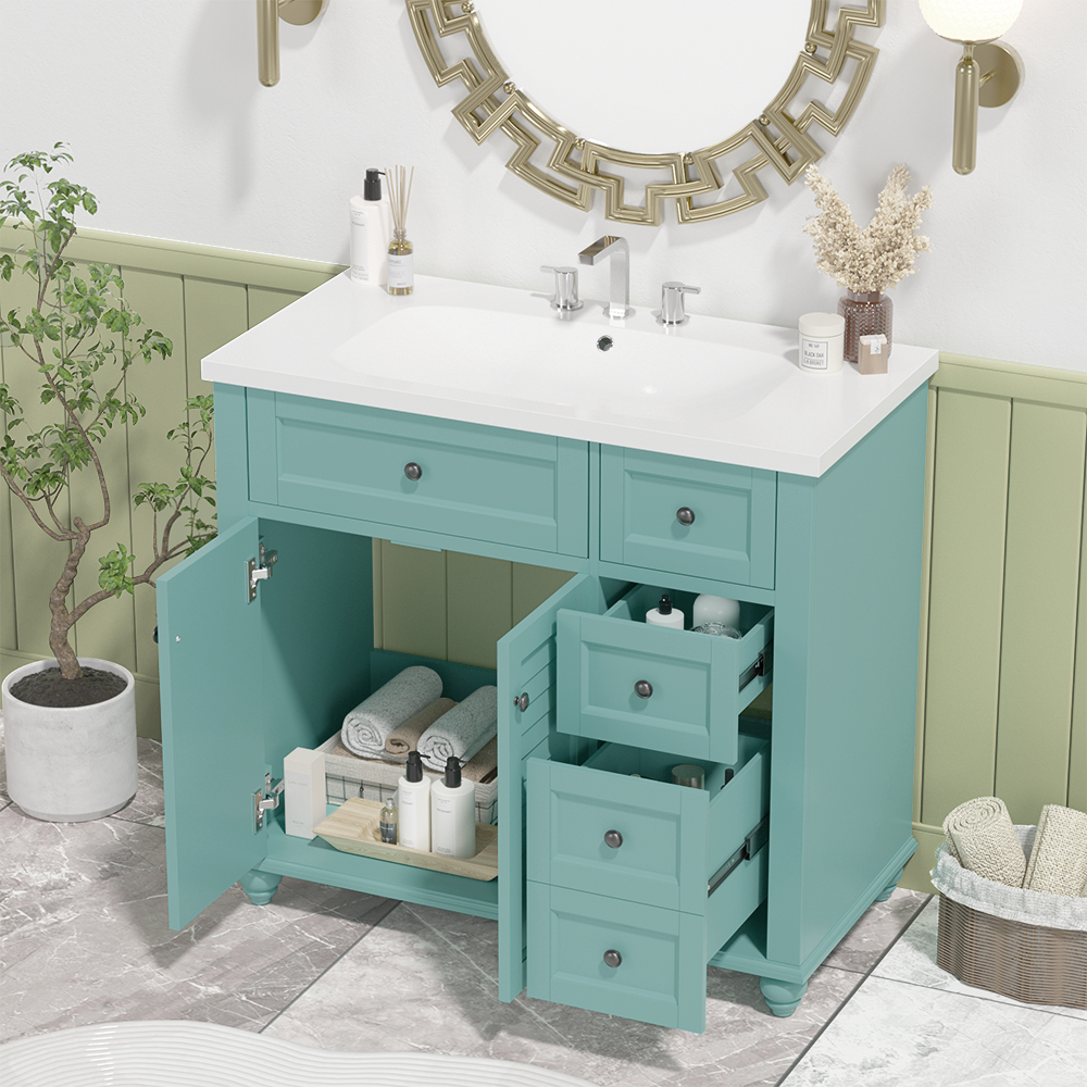36 inches Freestanding Bathroom Vanity Set in Blue-Green with Integrated Resin Sink