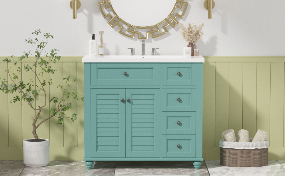 36 inches Freestanding Bathroom Vanity Set in Blue-Green with Integrated Resin Sink