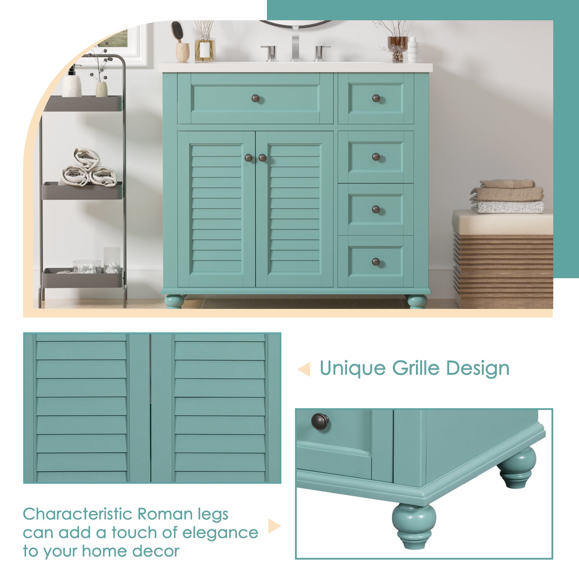 36 inches Freestanding Bathroom Vanity Set in Blue-Green with Integrated Resin Sink