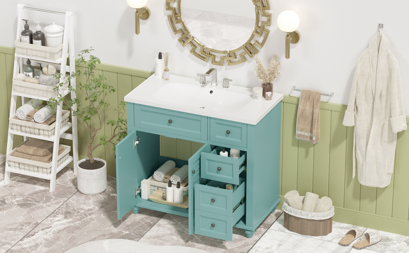 36 inches Freestanding Bathroom Vanity Set in Blue-Green with Integrated Resin Sink