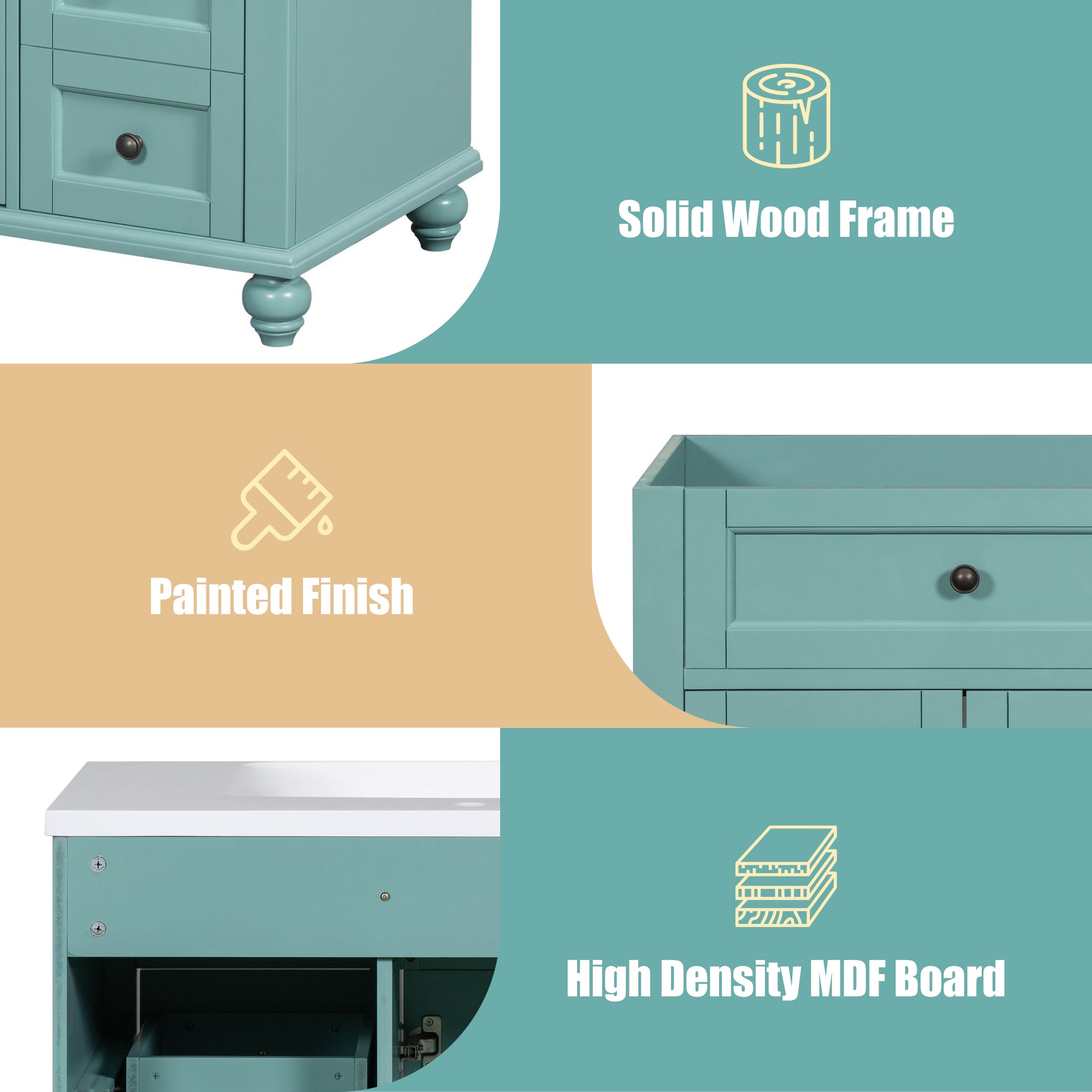 36 inches Freestanding Bathroom Vanity Set in Blue-Green with Integrated Resin Sink