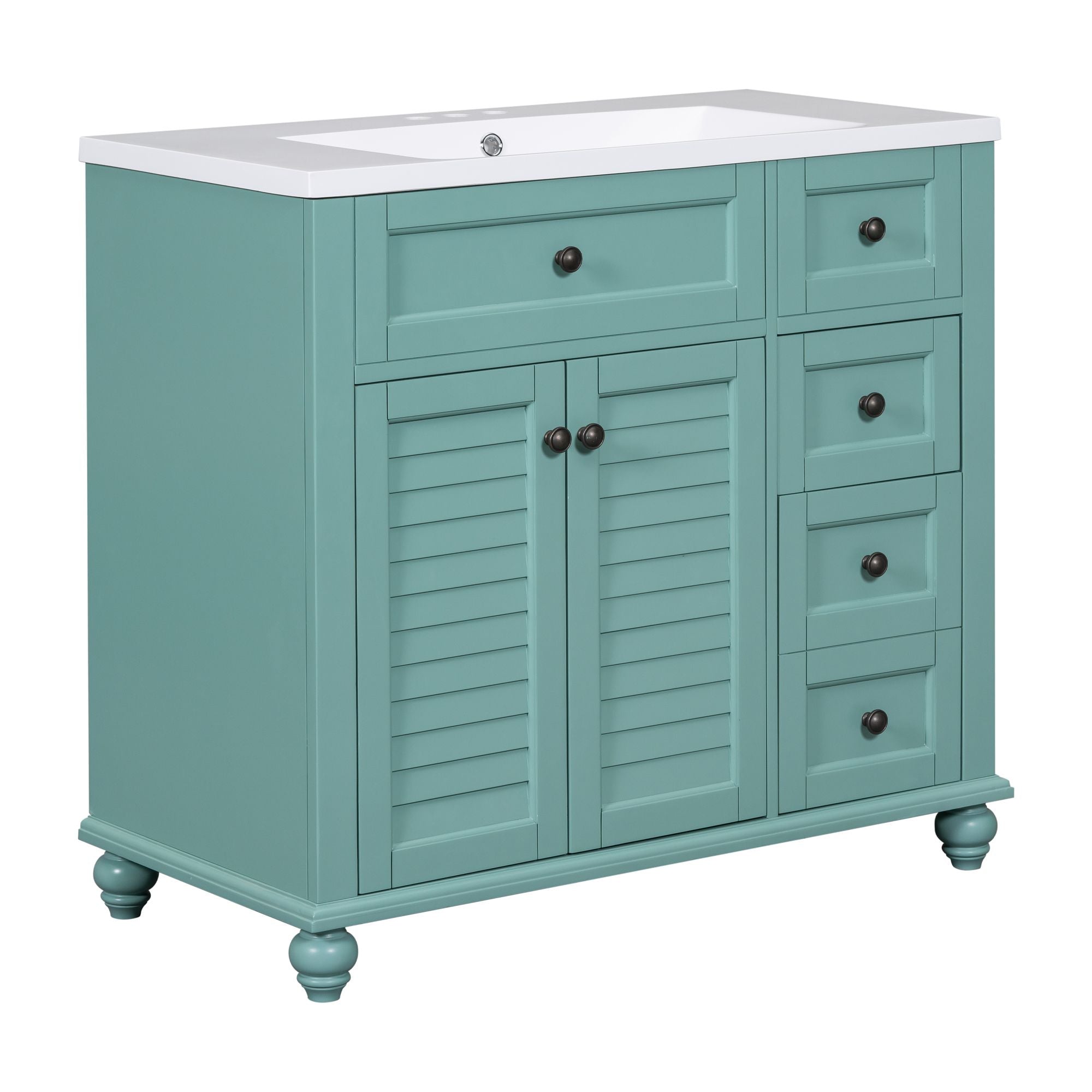 36 inches Freestanding Bathroom Vanity Set in Blue-Green with Integrated Resin Sink