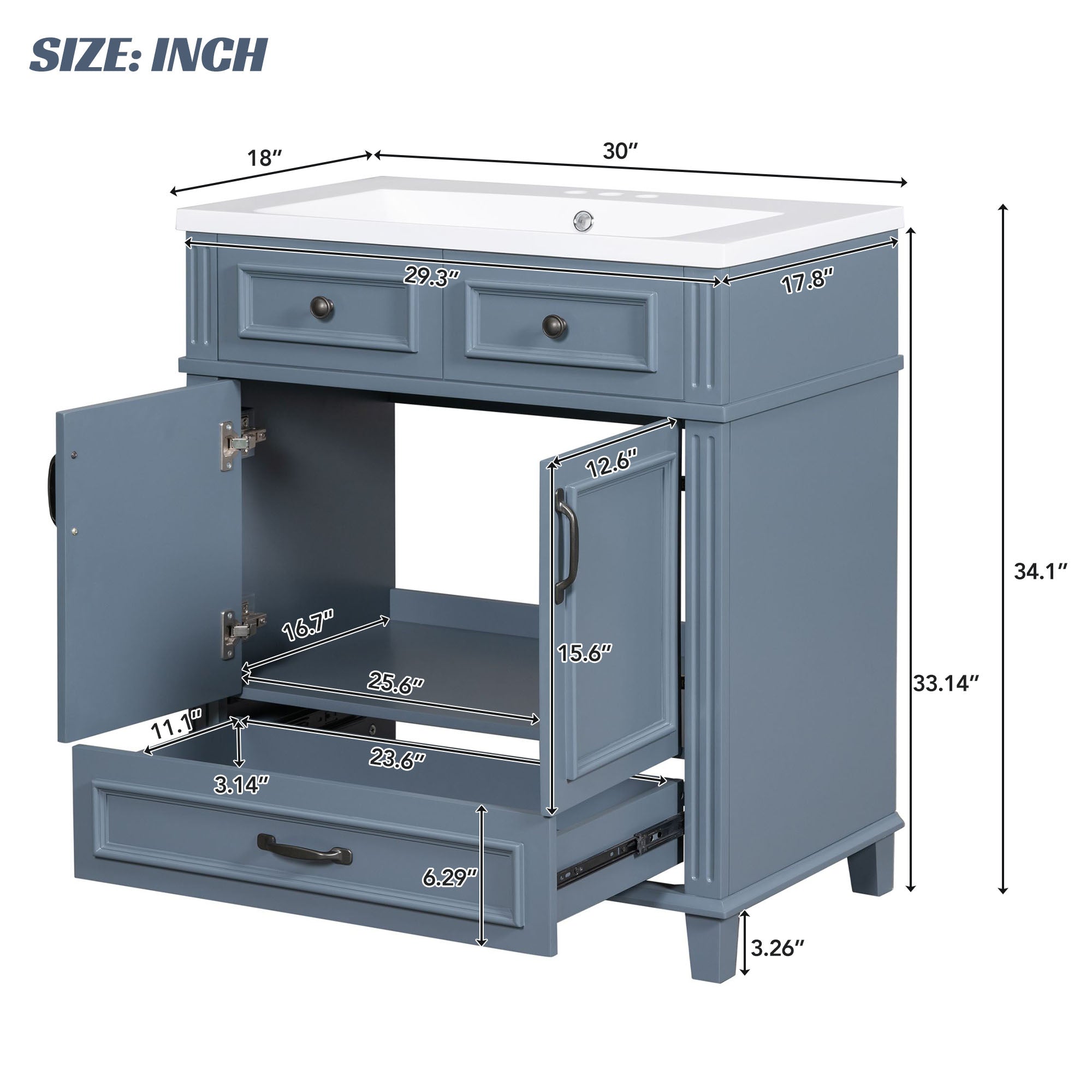 30 inches Freestanding Bathroom Vanity Set in Blue with Integrated Resin Sink