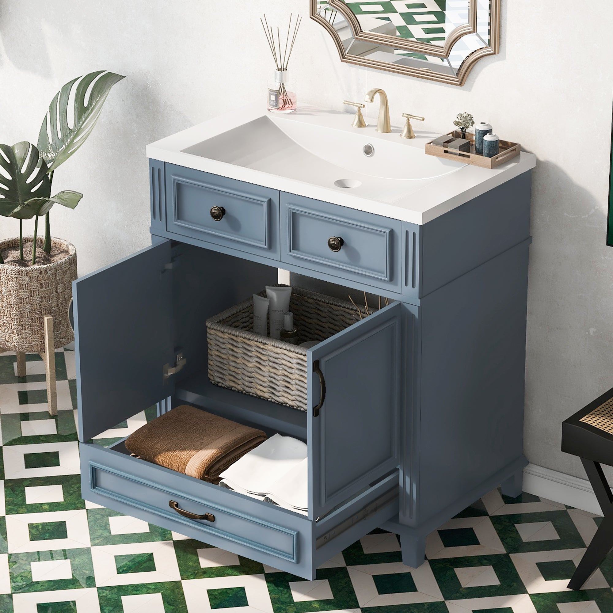 30 inches Freestanding Bathroom Vanity Set in Blue with Integrated Resin Sink