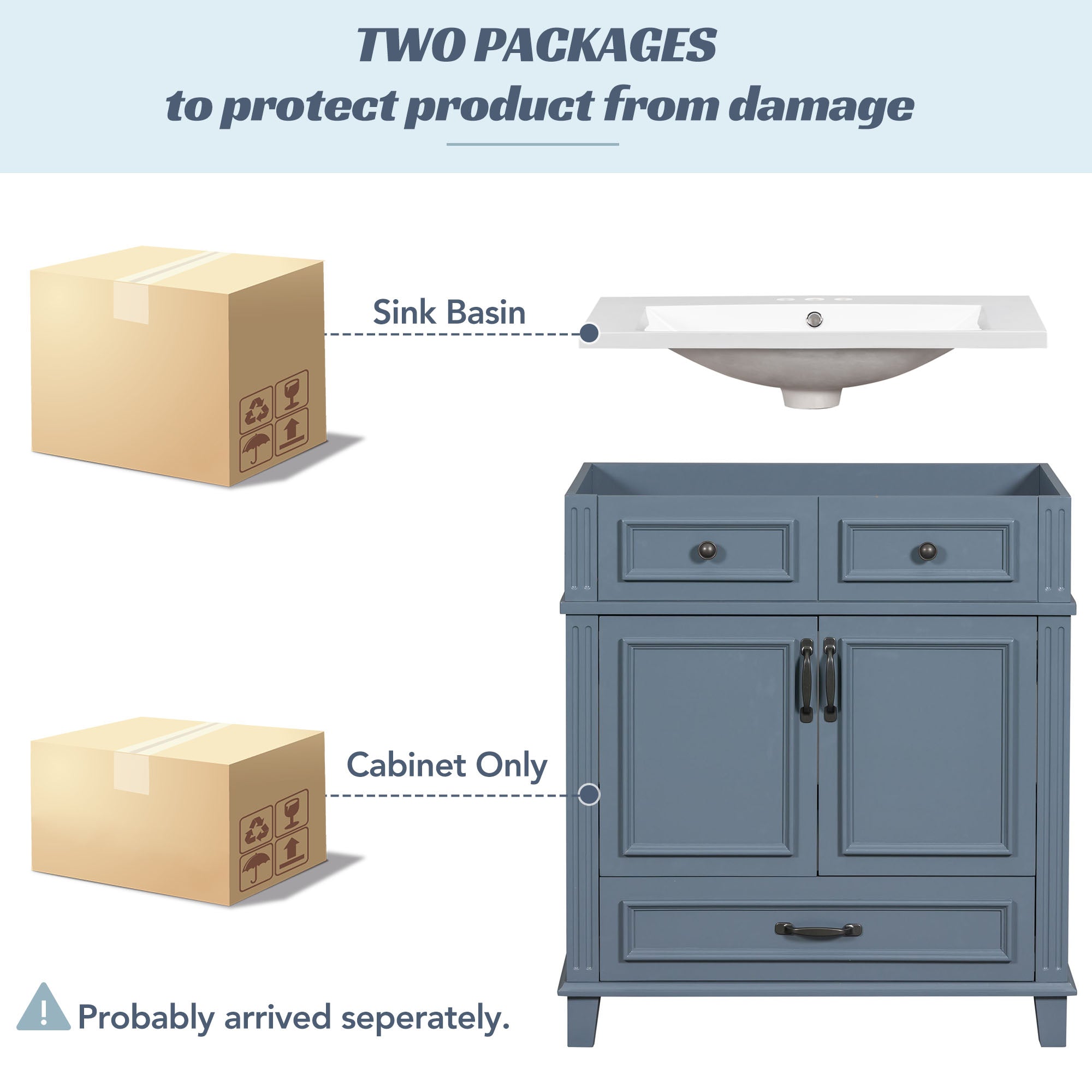 30 inches Freestanding Bathroom Vanity Set in Blue with Integrated Resin Sink