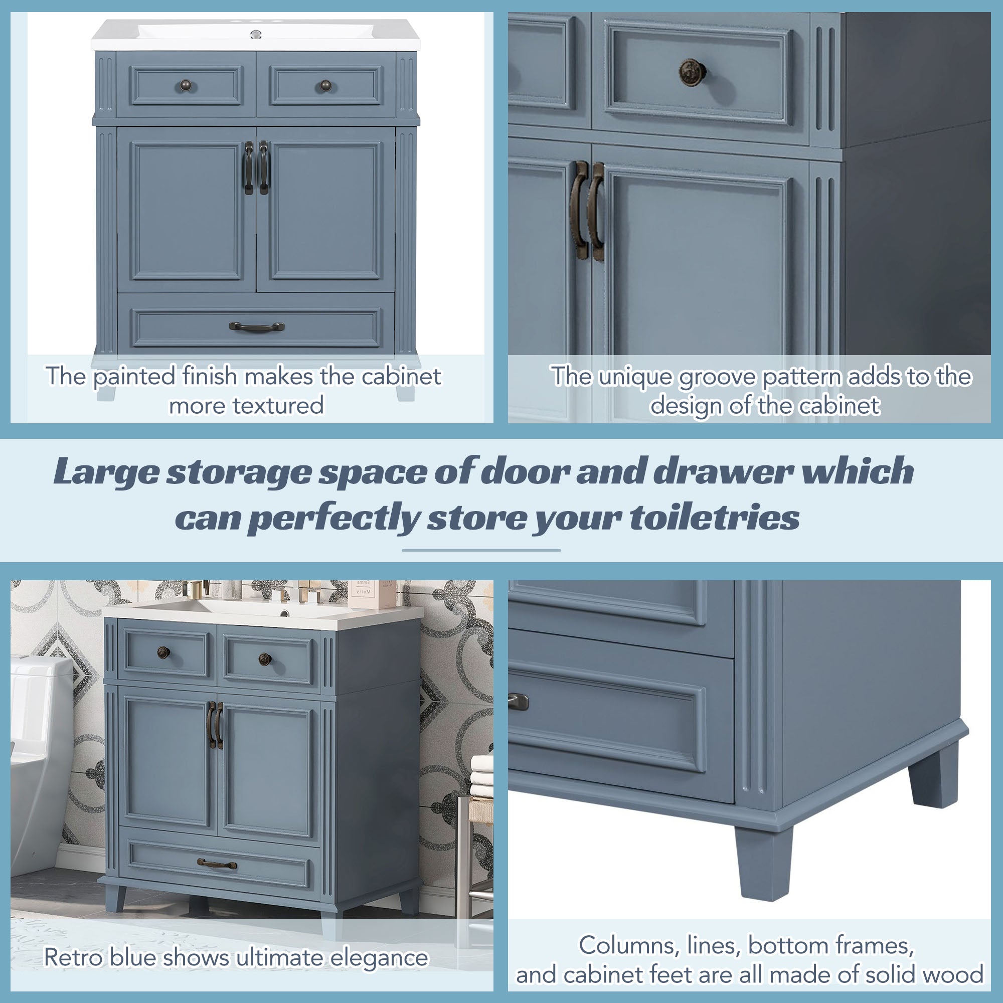 30 inches Freestanding Bathroom Vanity Set in Blue with Integrated Resin Sink