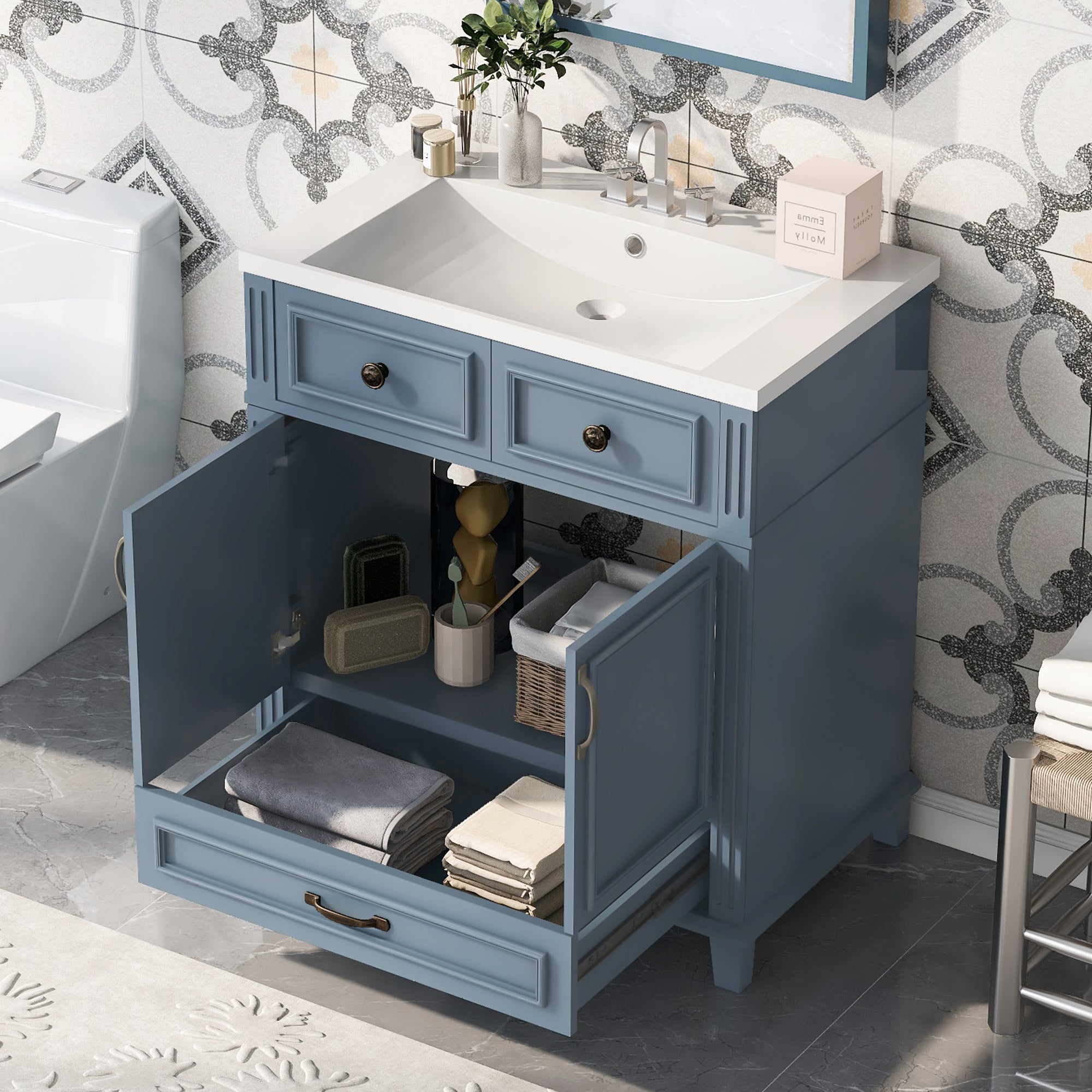 30 inches Freestanding Bathroom Vanity Set in Blue with Integrated Resin Sink