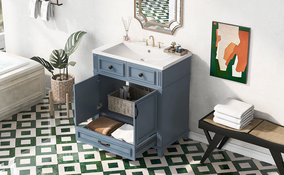 30 inches Freestanding Bathroom Vanity Set in Blue with Integrated Resin Sink