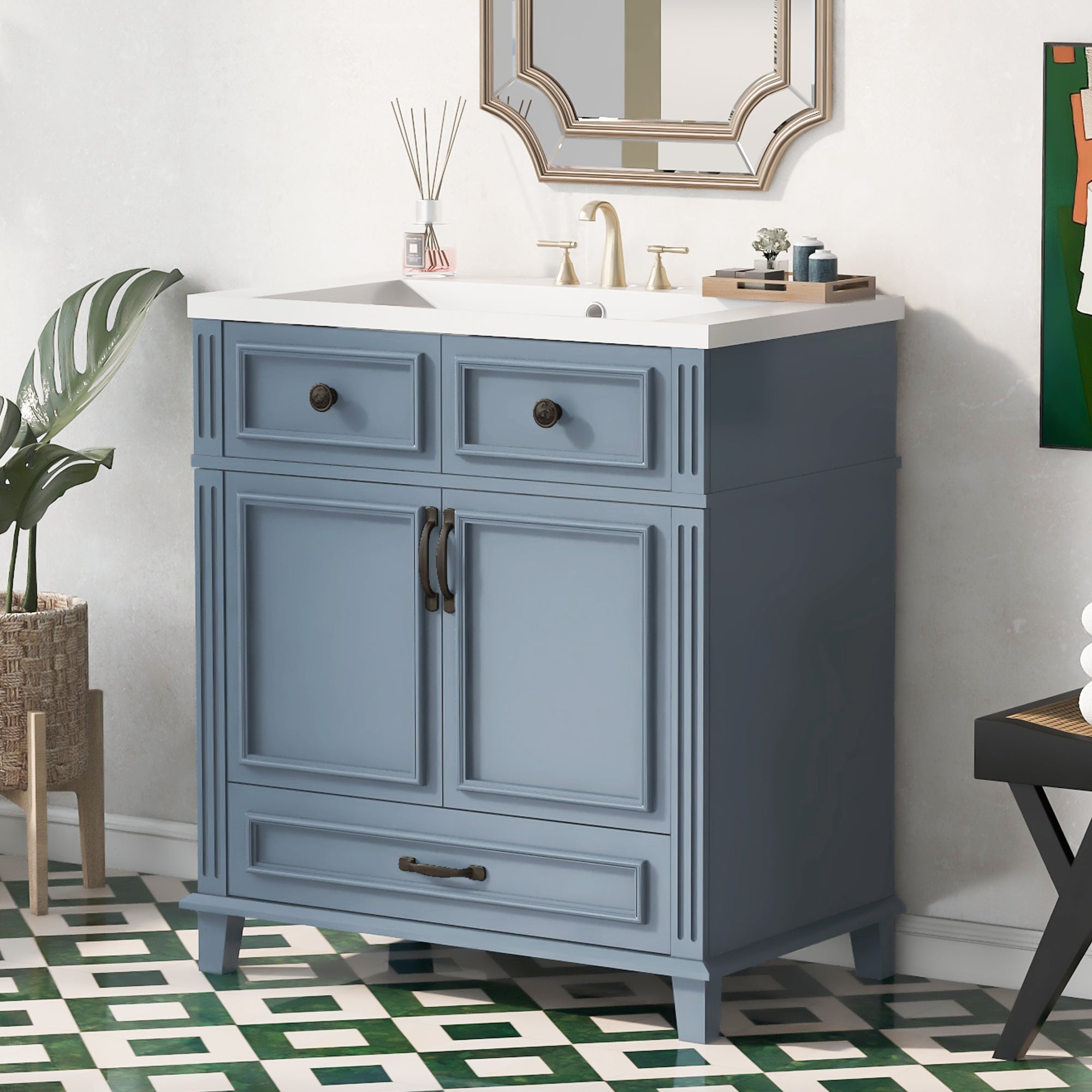 30 inches Freestanding Bathroom Vanity Set in Blue with Integrated Resin Sink