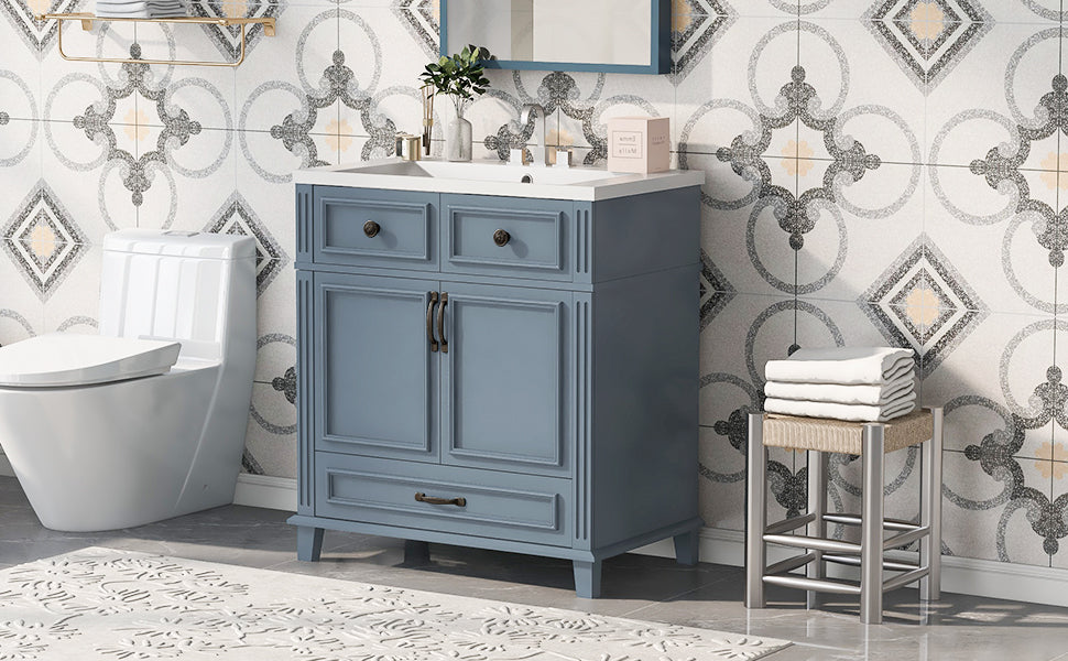 30 inches Freestanding Bathroom Vanity Set in Blue with Integrated Resin Sink