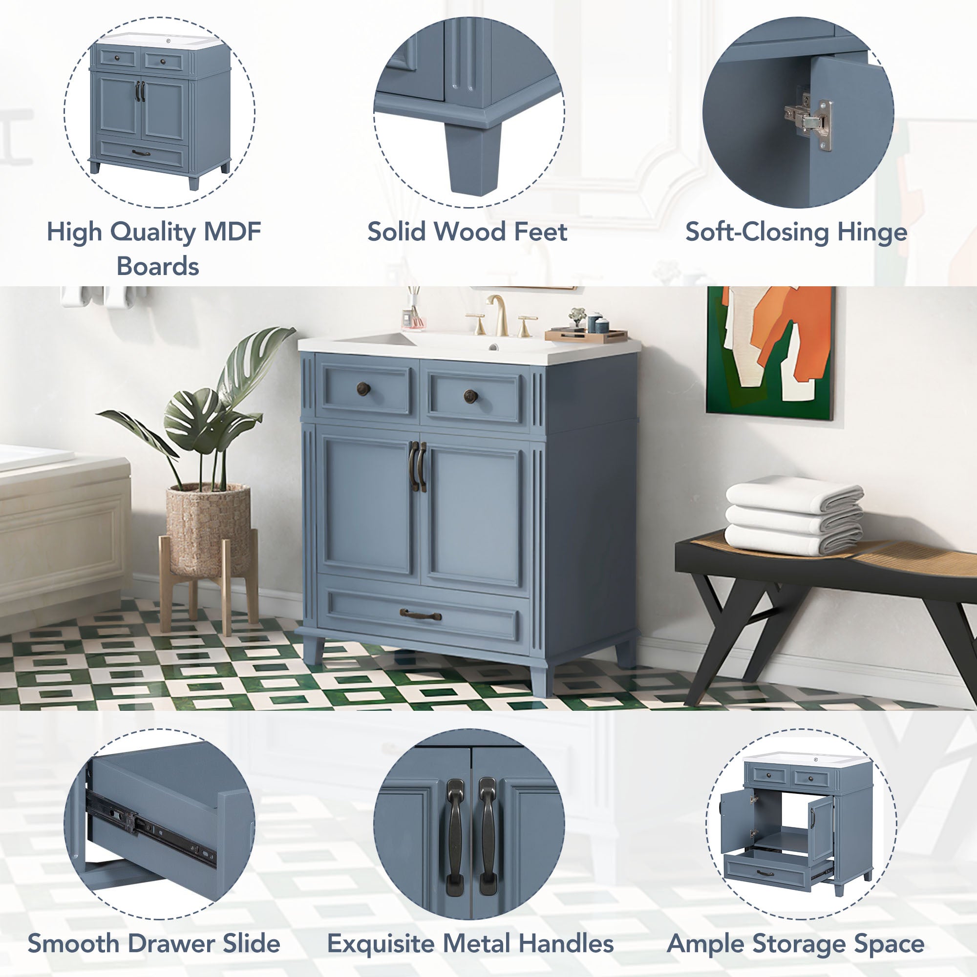 30 inches Freestanding Bathroom Vanity Set in Blue with Integrated Resin Sink