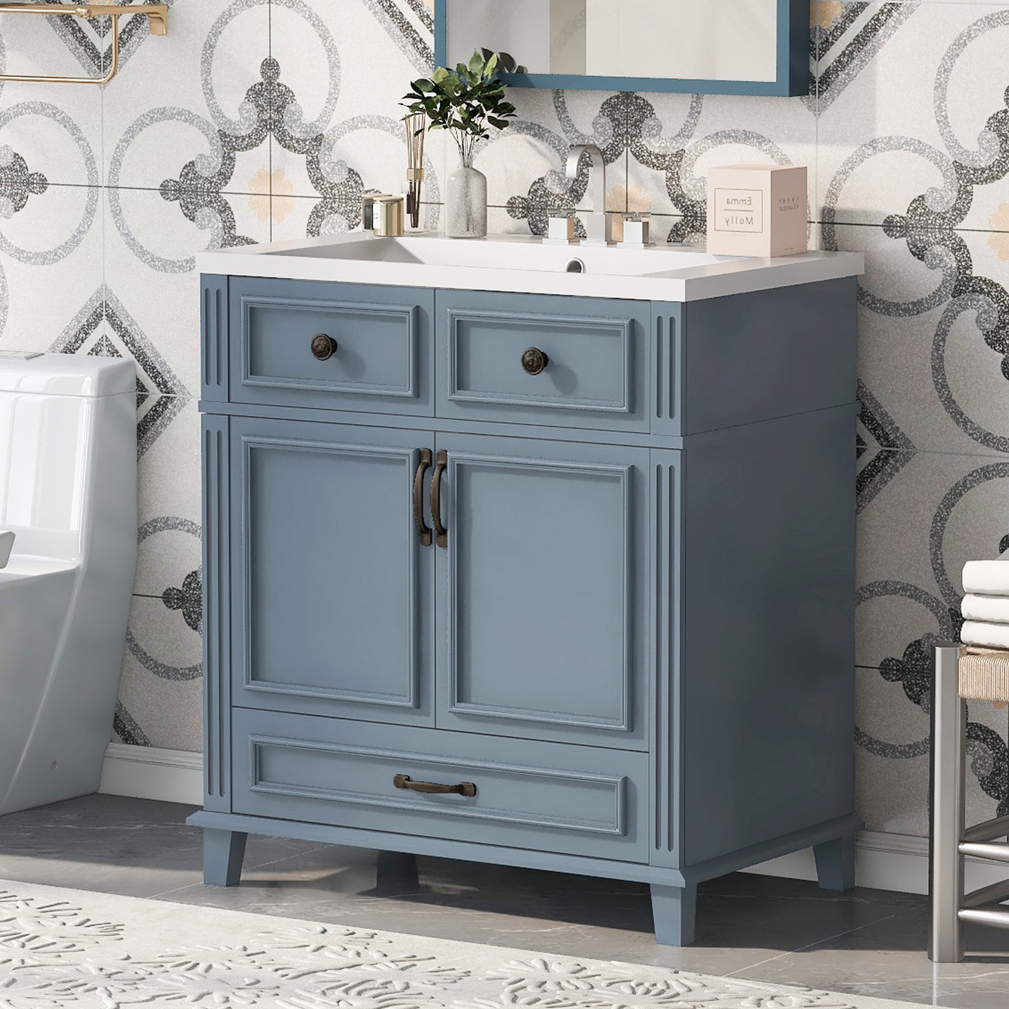 30 inches Freestanding Bathroom Vanity Set in Blue with Integrated Resin Sink