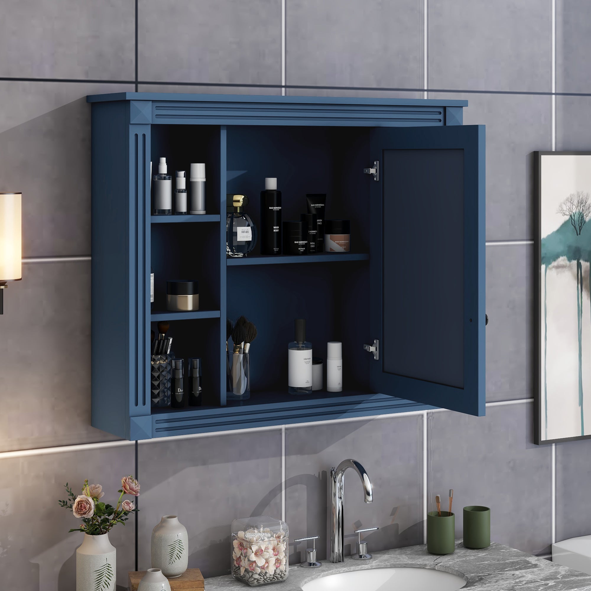 35"   Manufactured Wood Surface Mount Medicine Cabinet with Mirror and Open Shelves