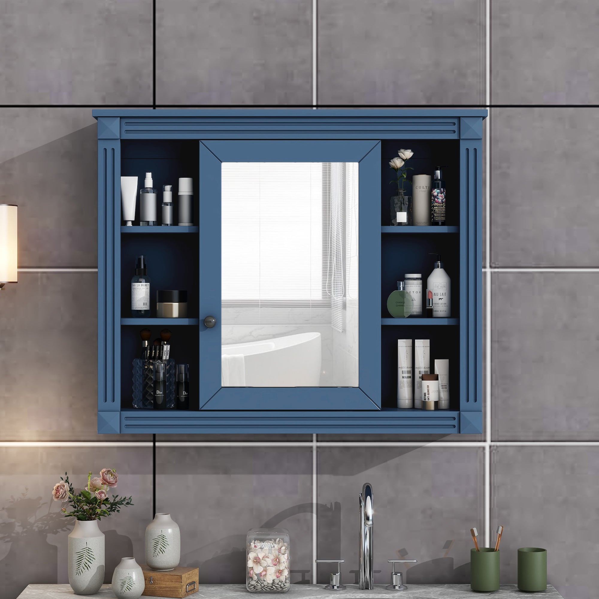 35"   Manufactured Wood Surface Mount Medicine Cabinet with Mirror and Open Shelves