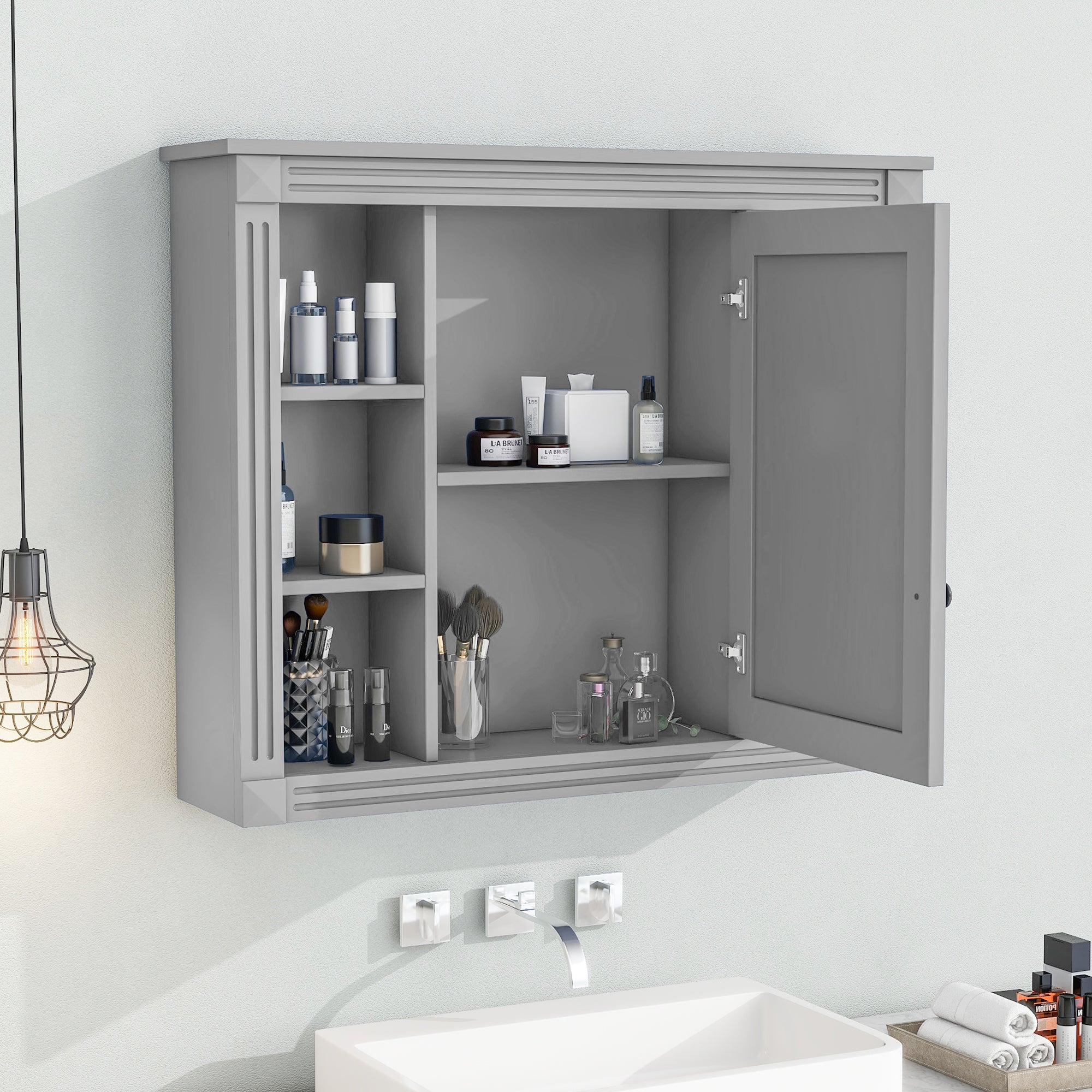 35"   Manufactured Wood Surface Mount Medicine Cabinet with Mirror and Open Shelves
