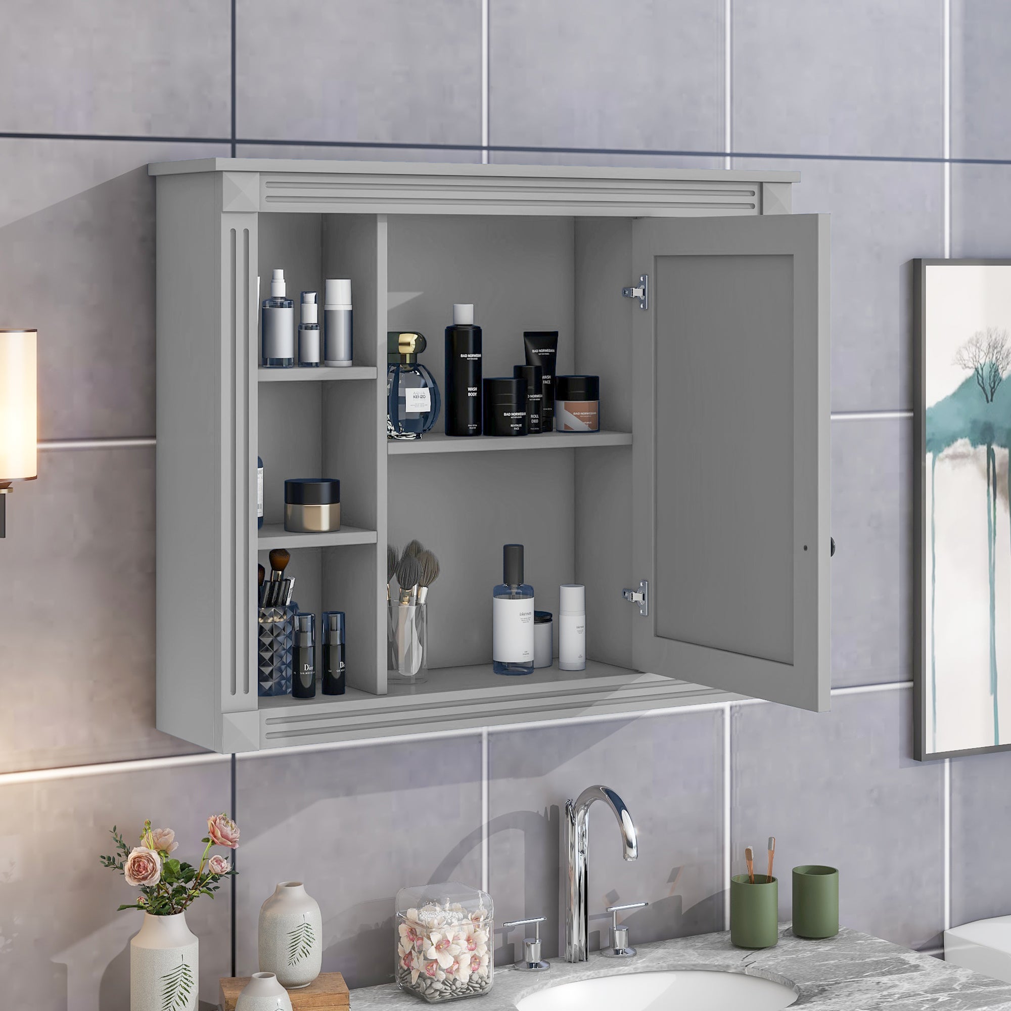 35"   Manufactured Wood Surface Mount Medicine Cabinet with Mirror and Open Shelves