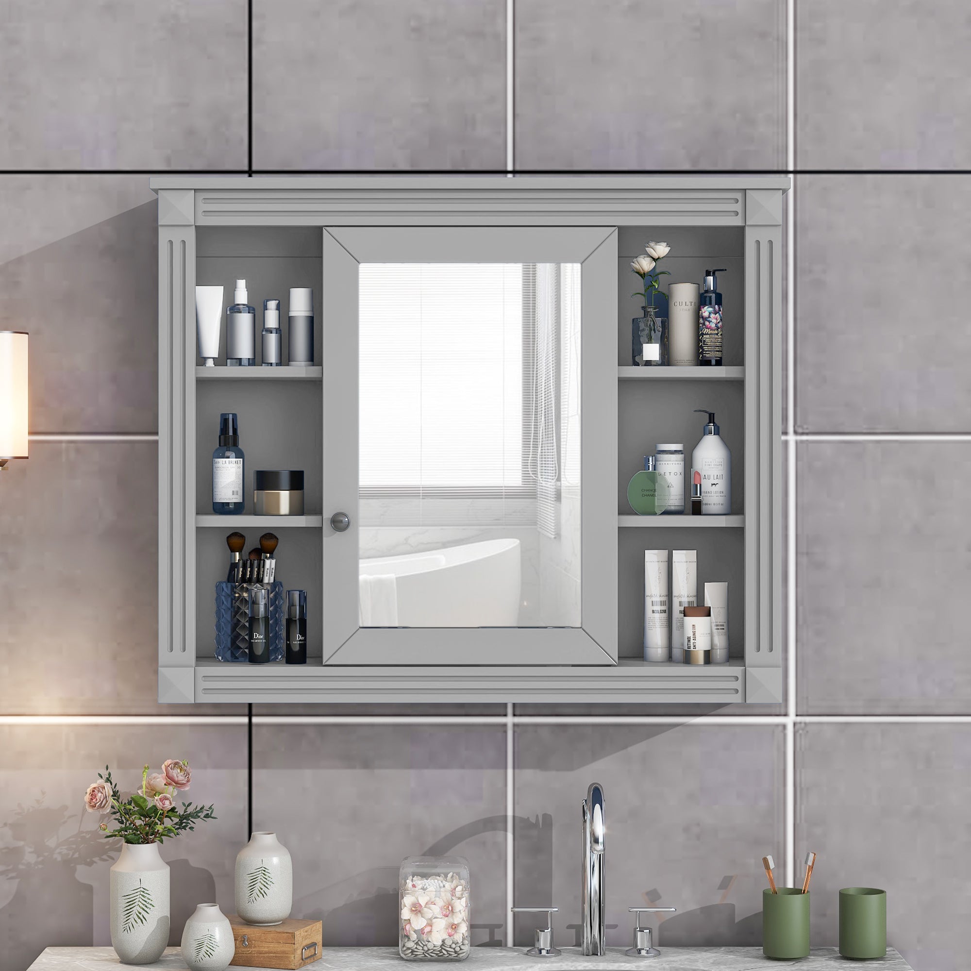 35"   Manufactured Wood Surface Mount Medicine Cabinet with Mirror and Open Shelves