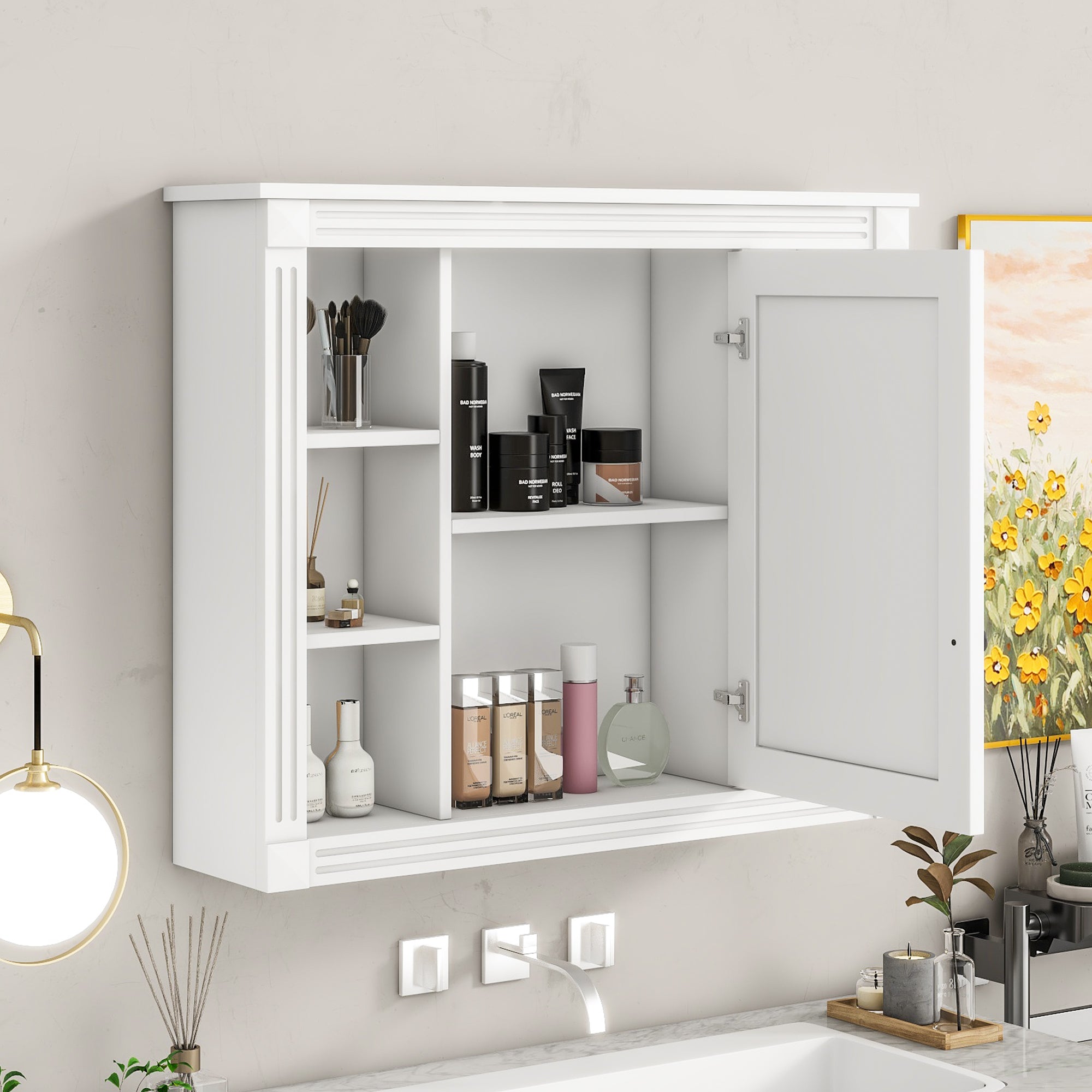 35"   Manufactured Wood Surface Mount Medicine Cabinet with Mirror and Open Shelves