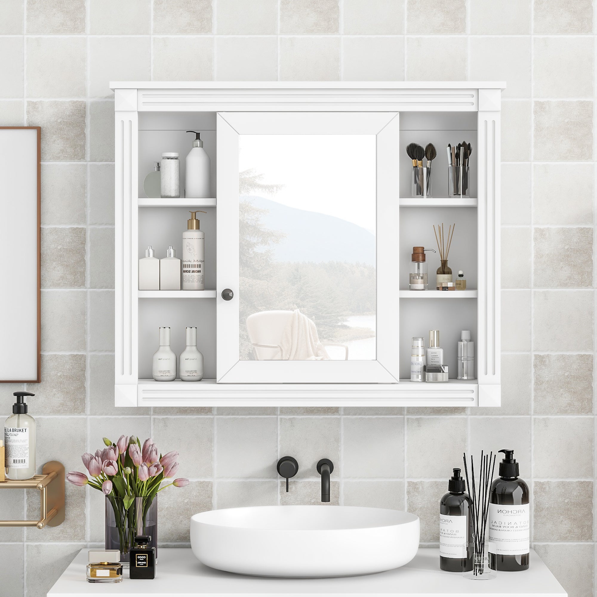35"   Manufactured Wood Surface Mount Medicine Cabinet with Mirror and Open Shelves