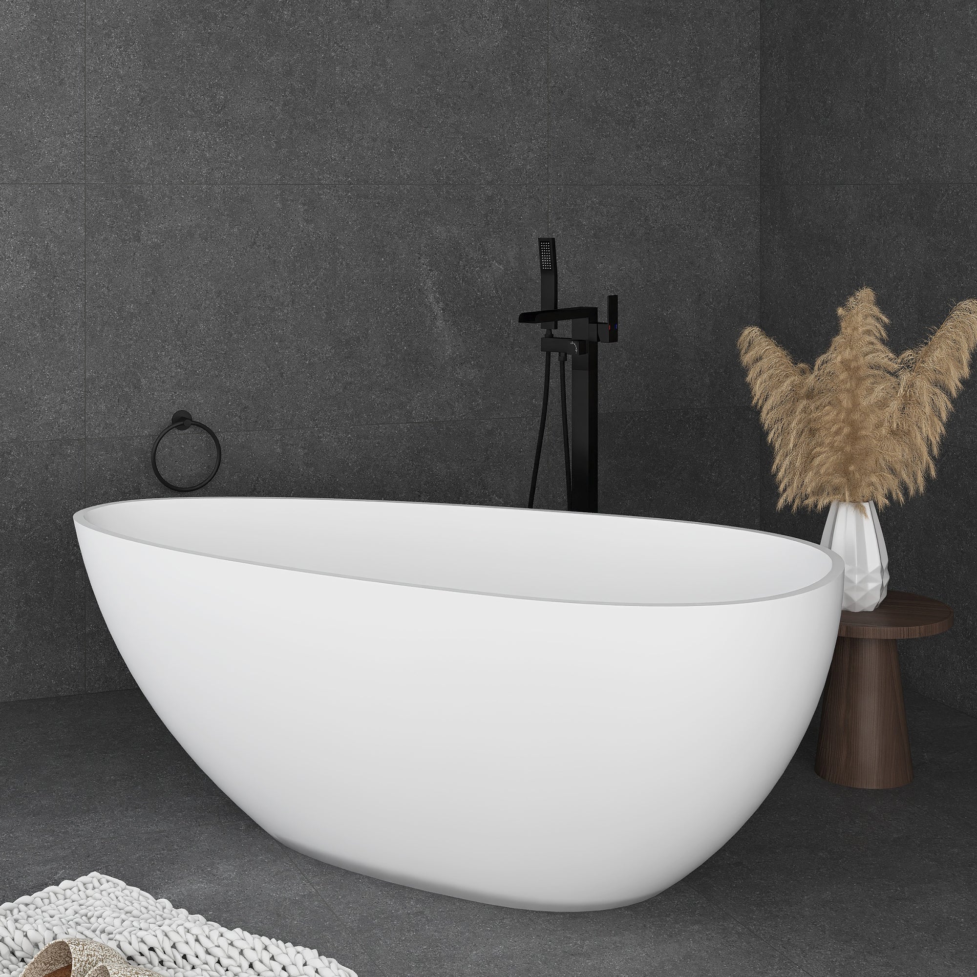 59 in. Solid Surface Freestanding Soaking Bathtub in Matte White