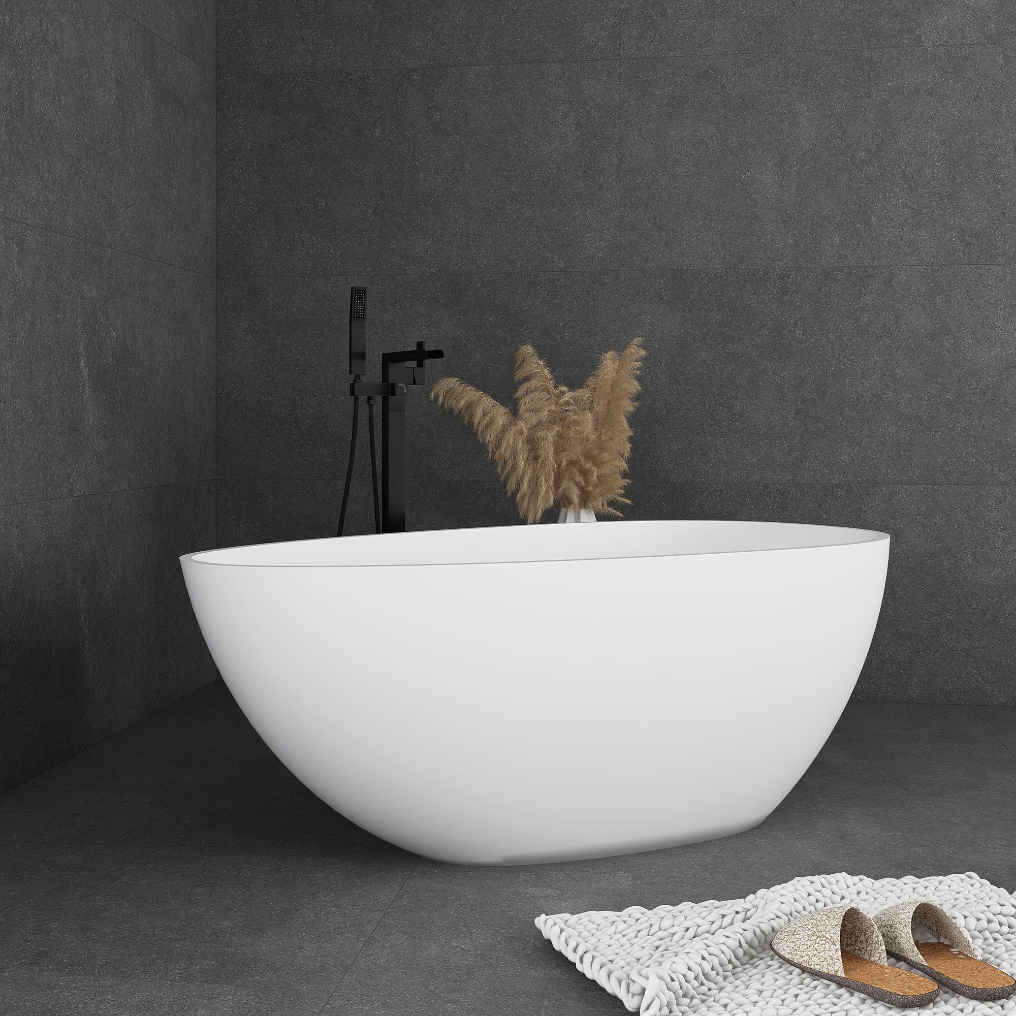 59 in. Solid Surface Freestanding Soaking Bathtub in Matte White