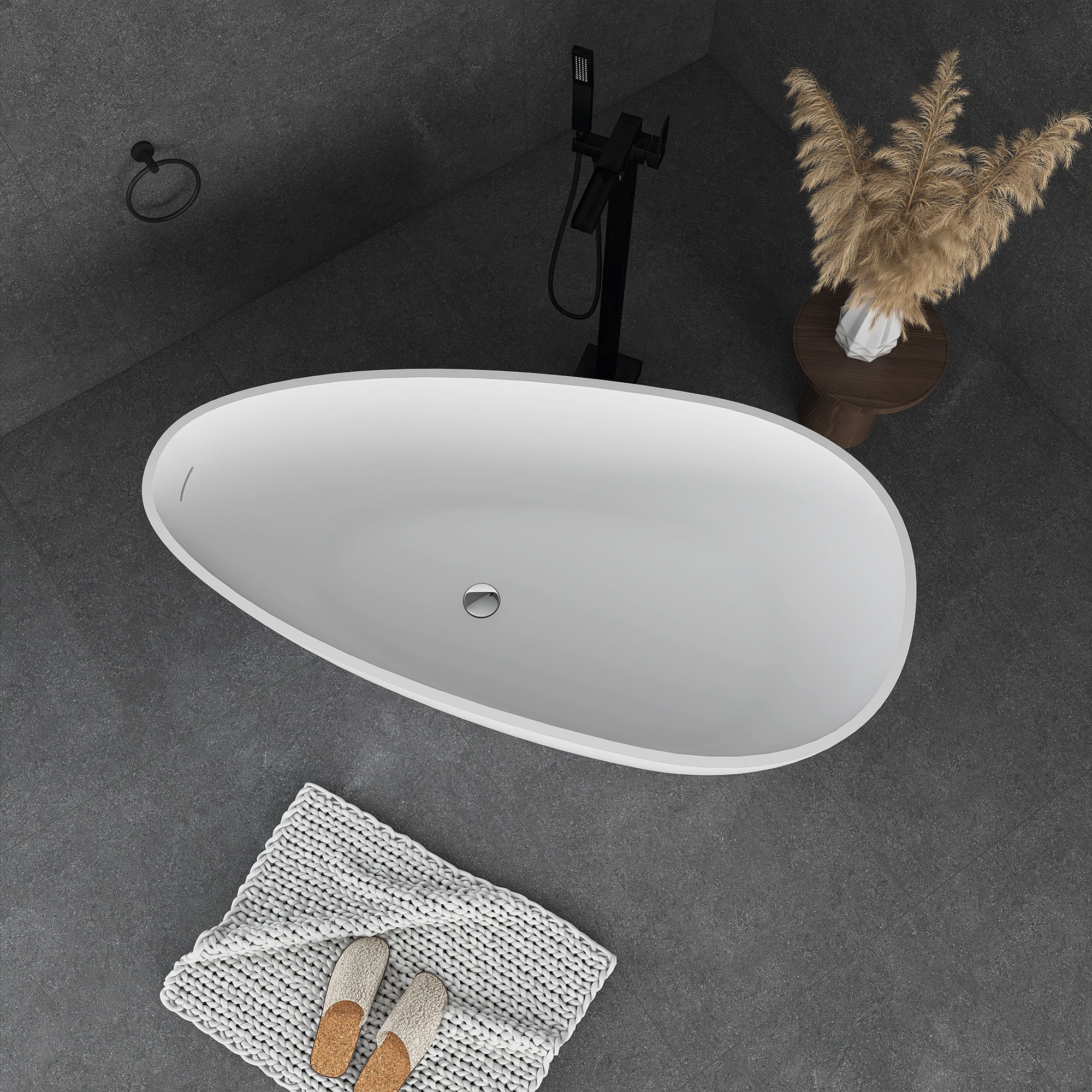 59 in. Solid Surface Freestanding Soaking Bathtub in Matte White