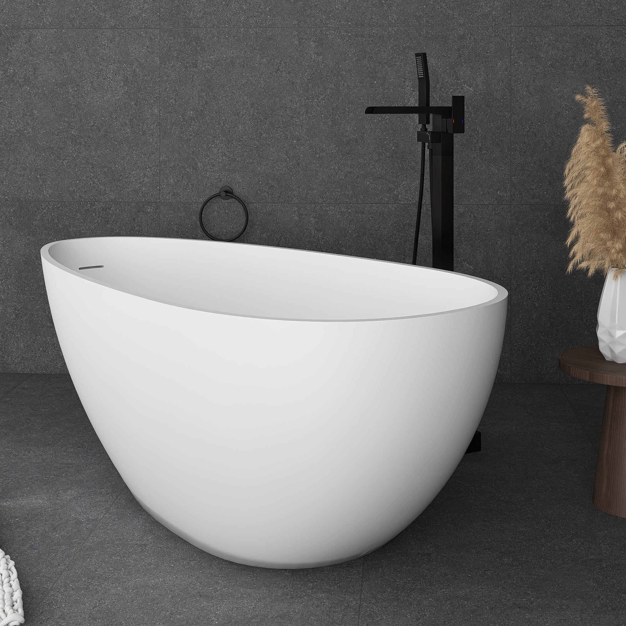 59 in. Solid Surface Freestanding Soaking Bathtub in Matte White